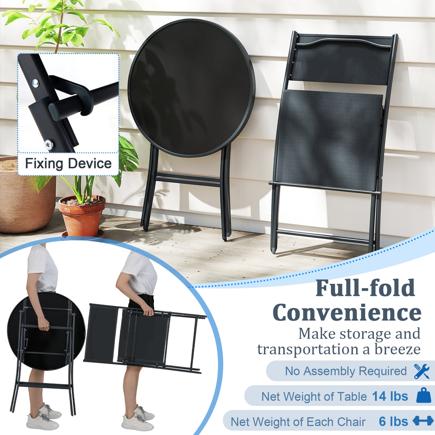 3-Piece Folding Patio Bistro Set with Glass Table