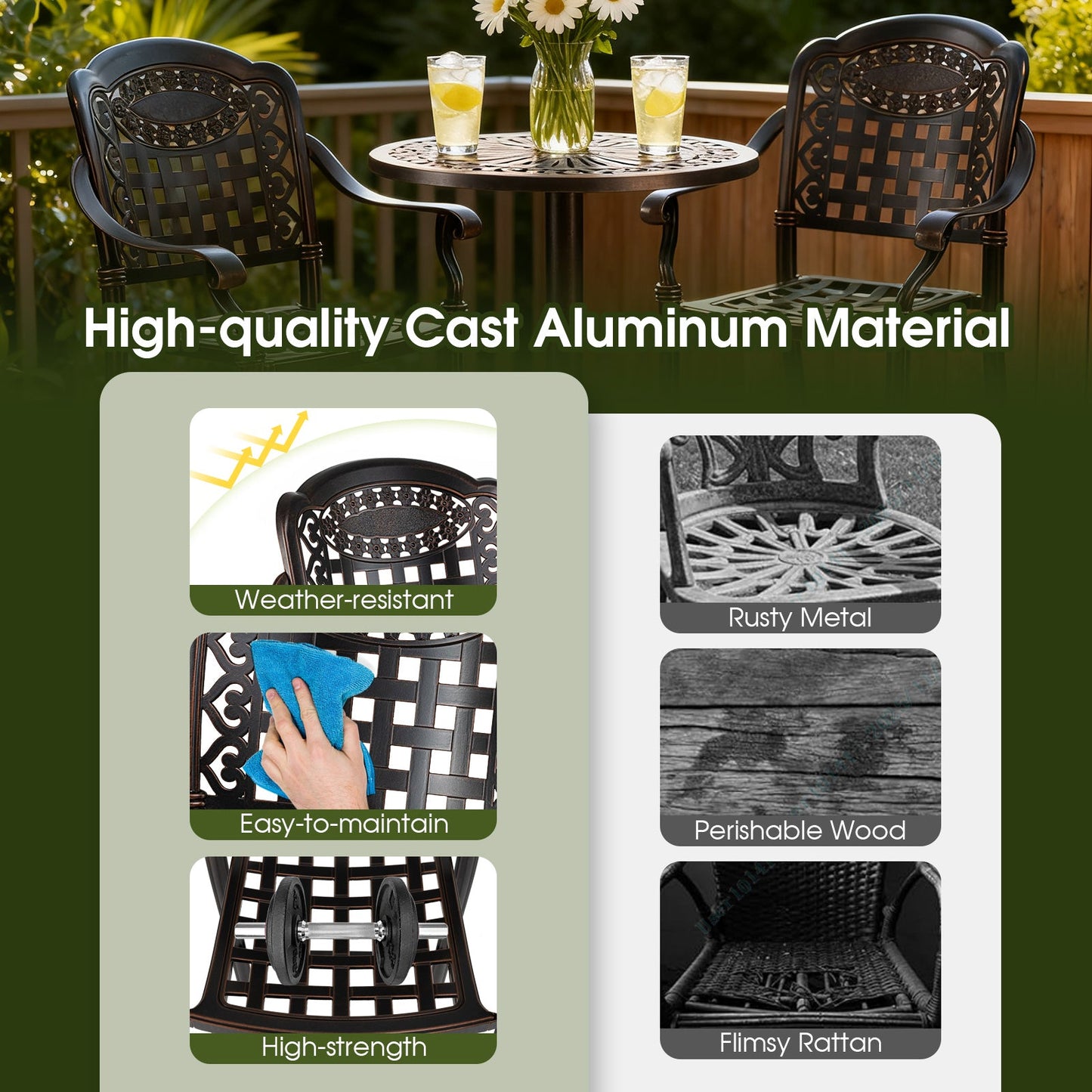 3 Piece Patio Bar Set Outdoor Cast Aluminum Round High Top Table 2 Counter Height Bar Stools