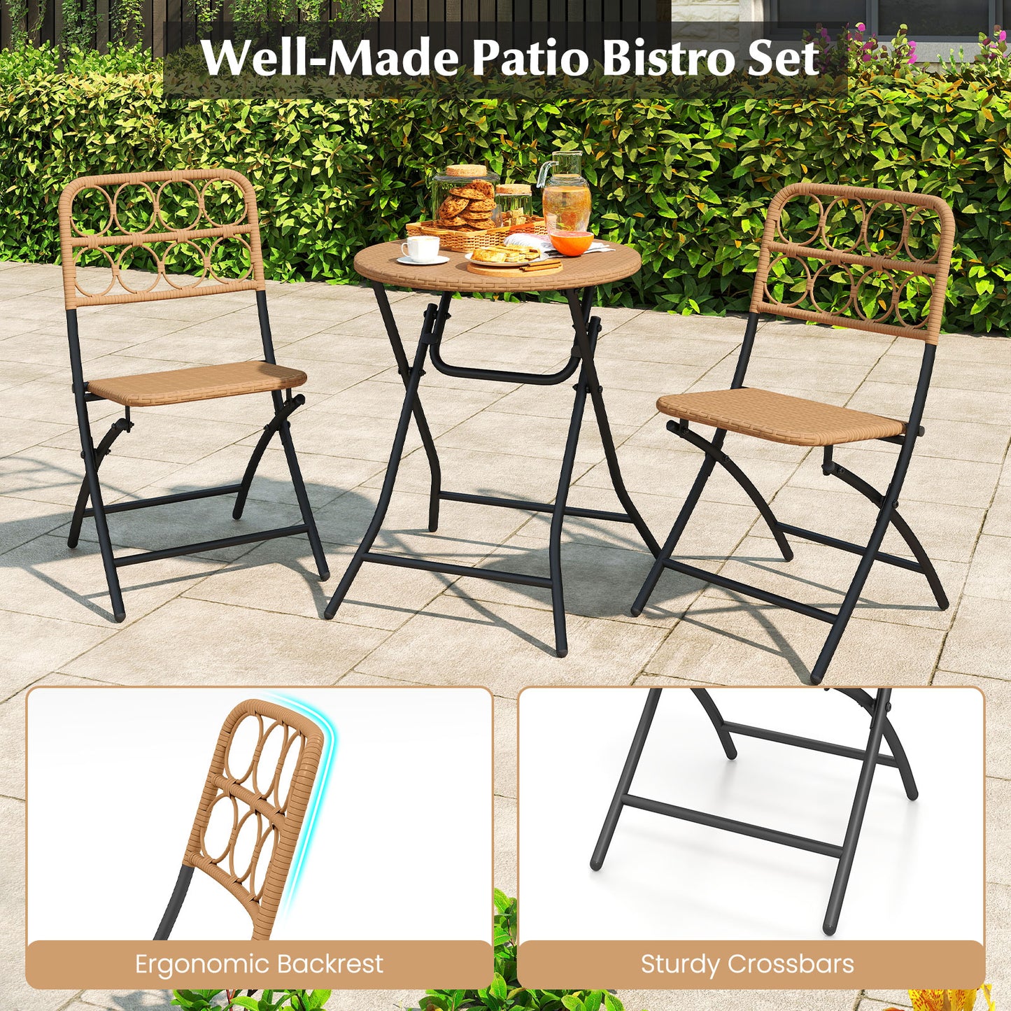 Folding Bistro Set 3-Piece with Wicker Rattan Chairs & Table