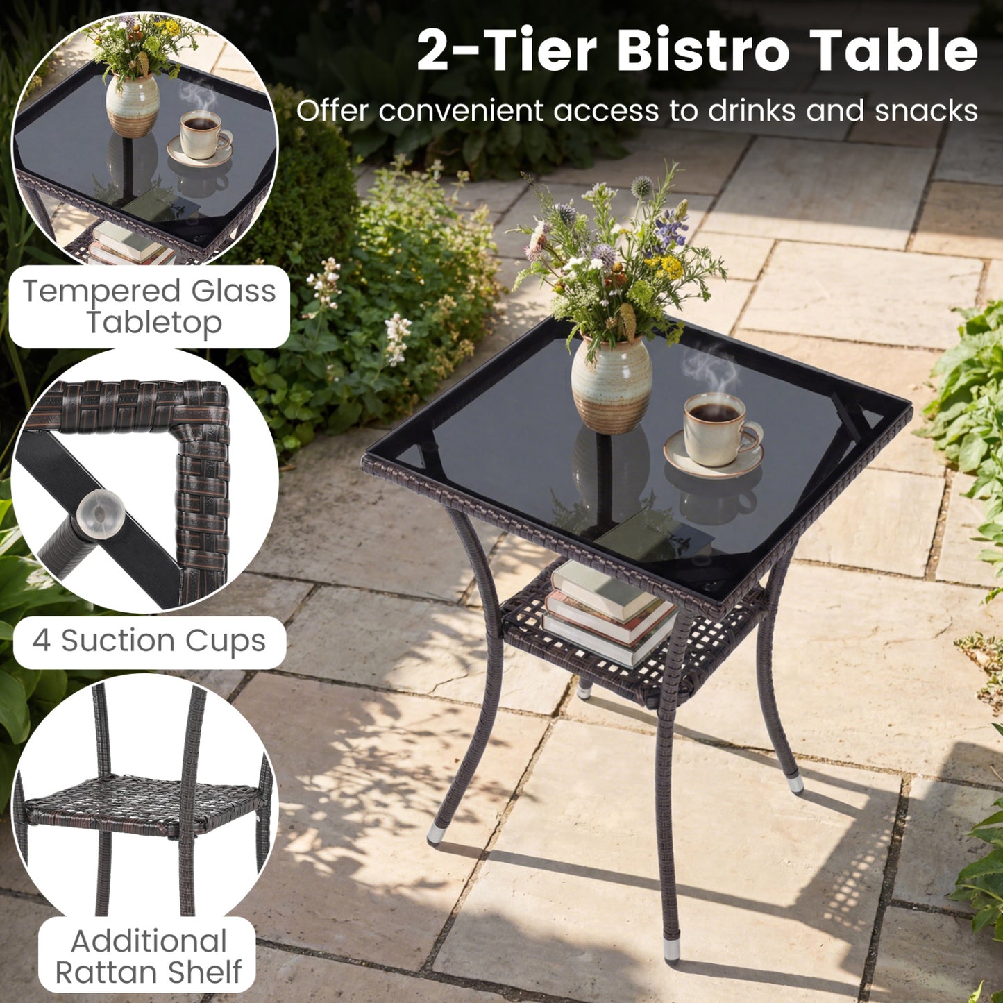 3-Piece Patio Conversation Set with Cushioned Chairs & Glass Table