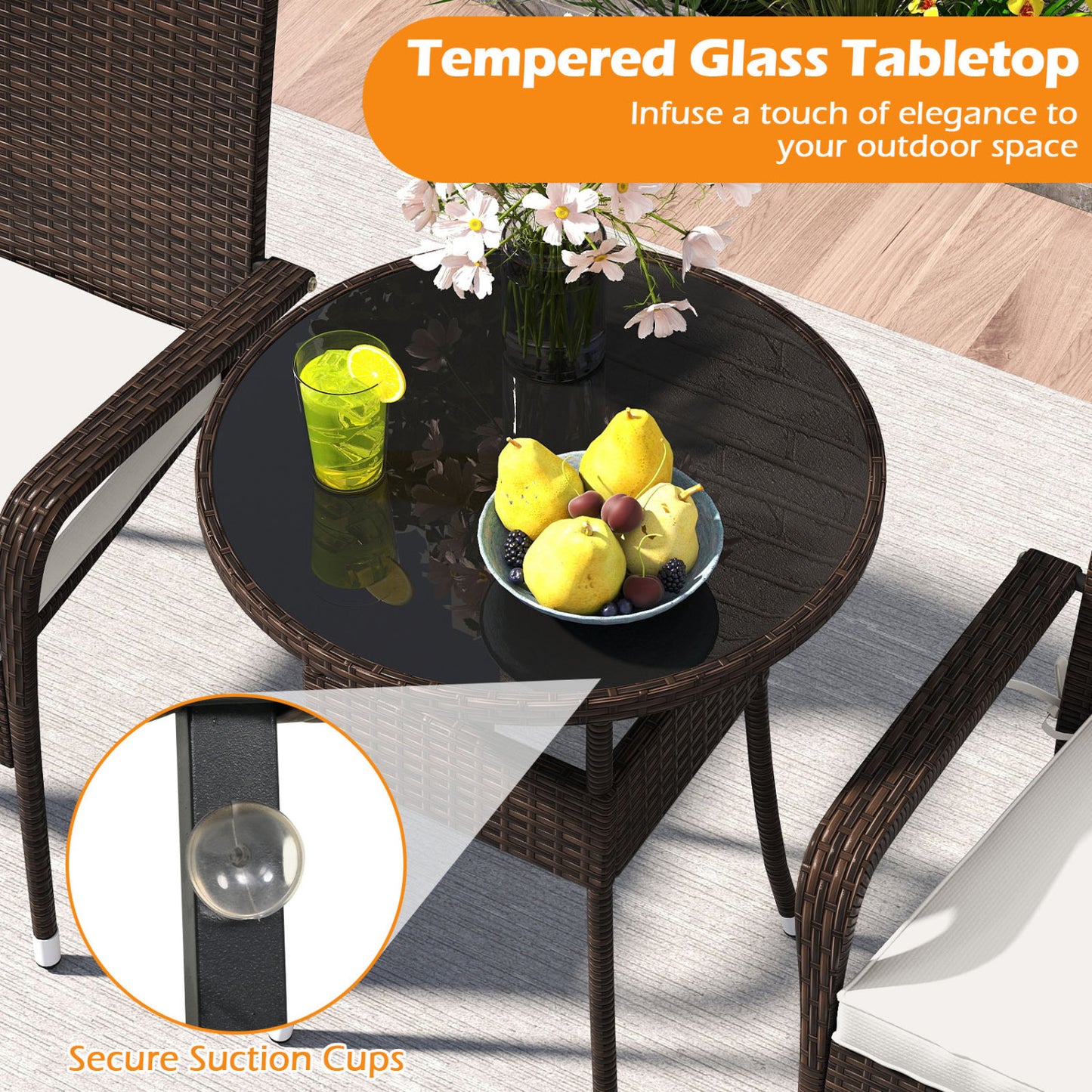 3-Piece Patio Conversation Set with Tempered Glass Table