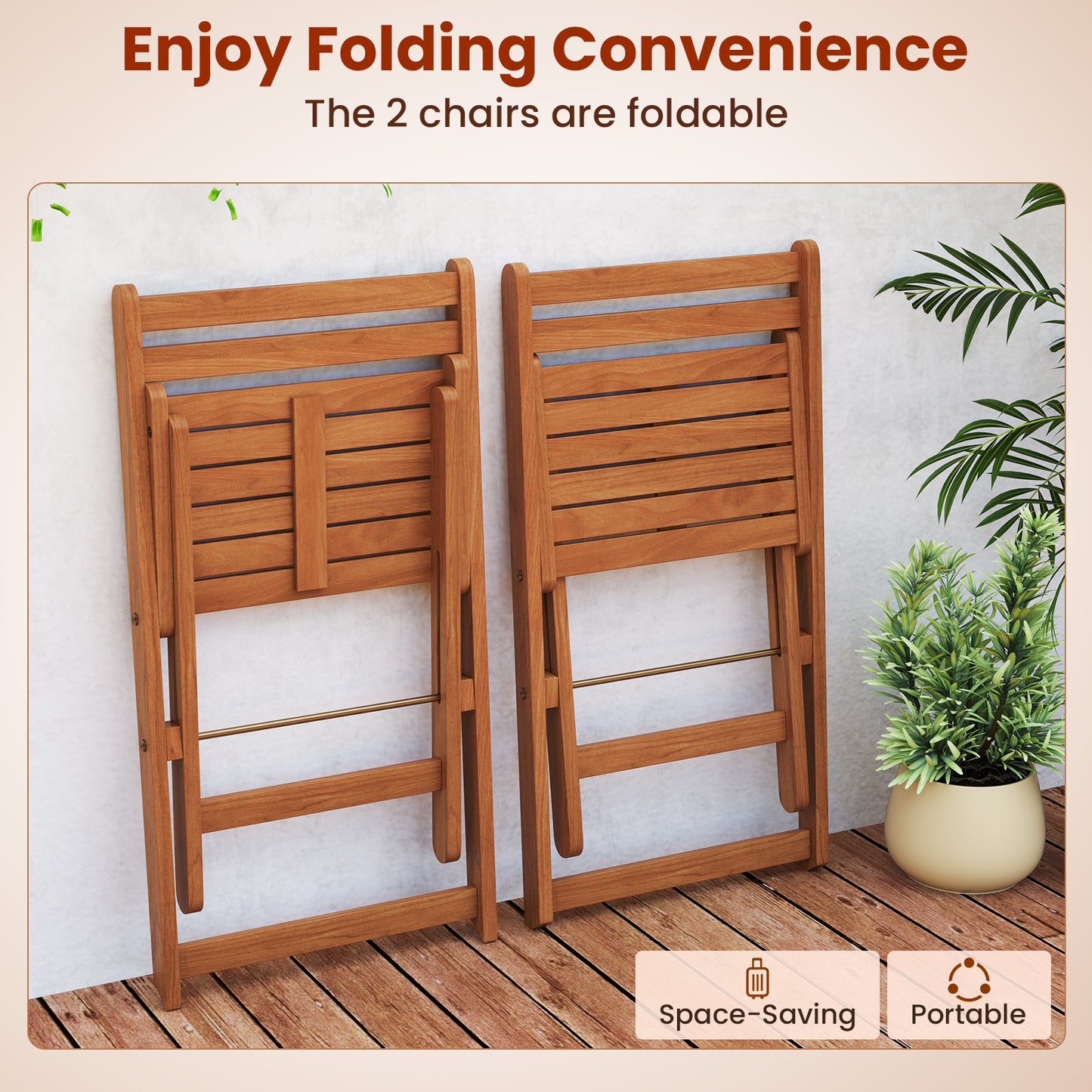 3-Piece Solid Wood Patio Bistro Set with Folding Chairs