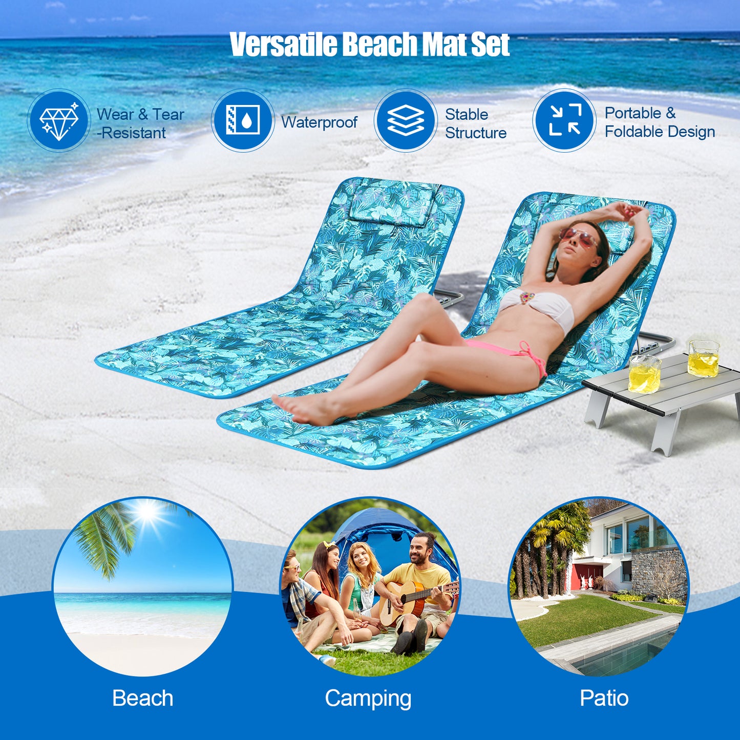 3-Piece Folding Beach Lounge Chair Set with Side Table