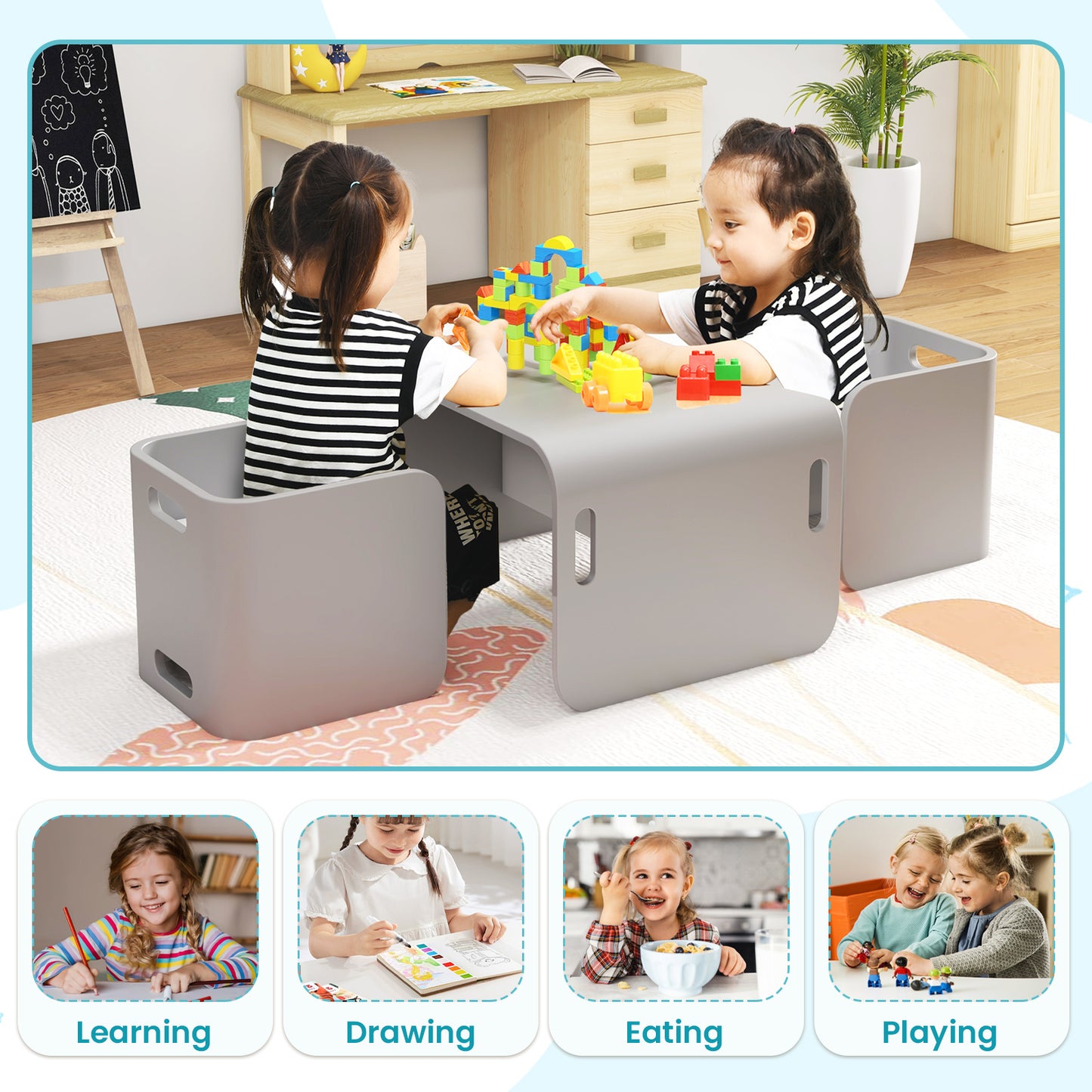 Kids Wooden Table and Chair Set - 3 Piece Birchwood