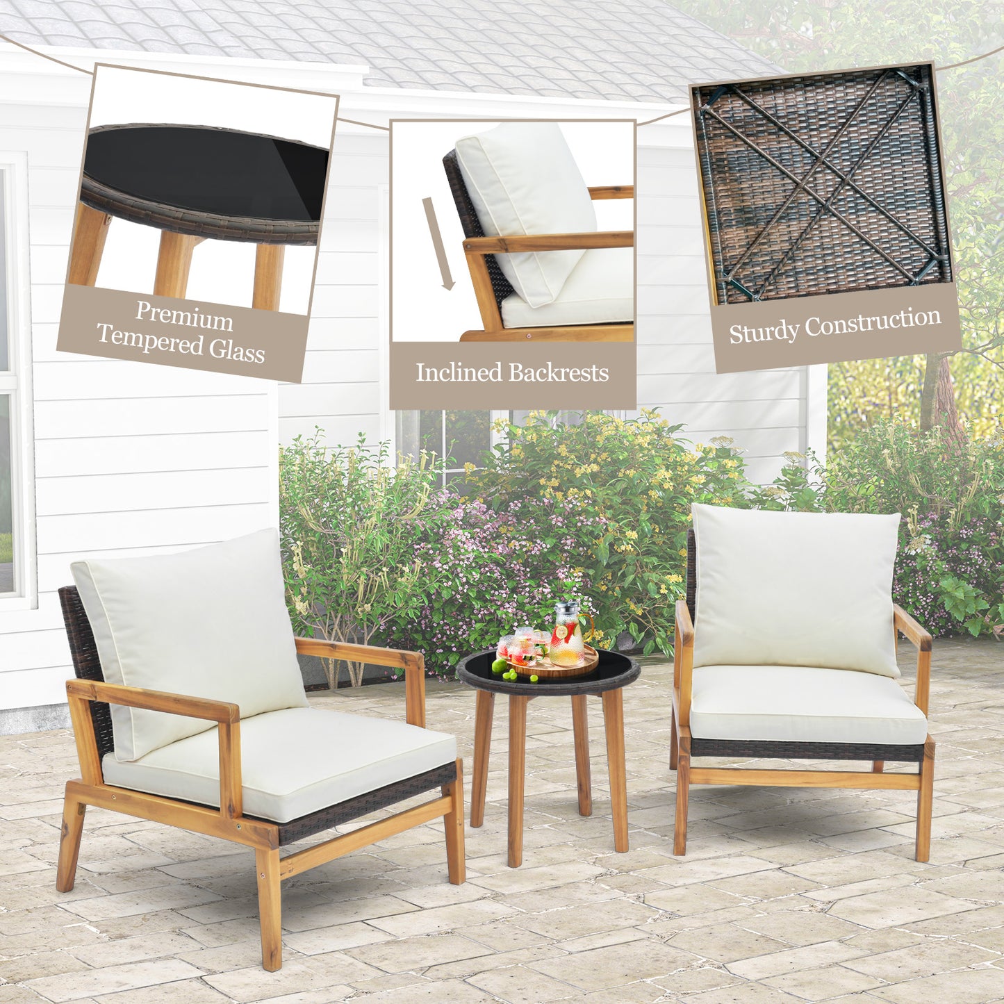 Patio Conversation Set 3-Piece with Cushioned Chairs & Glass Table