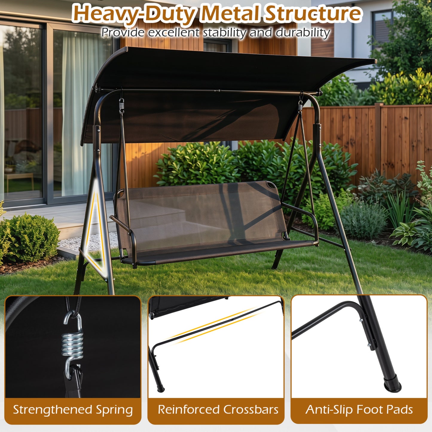 3-Seat Patio Swing Chair with Adjustable Canopy