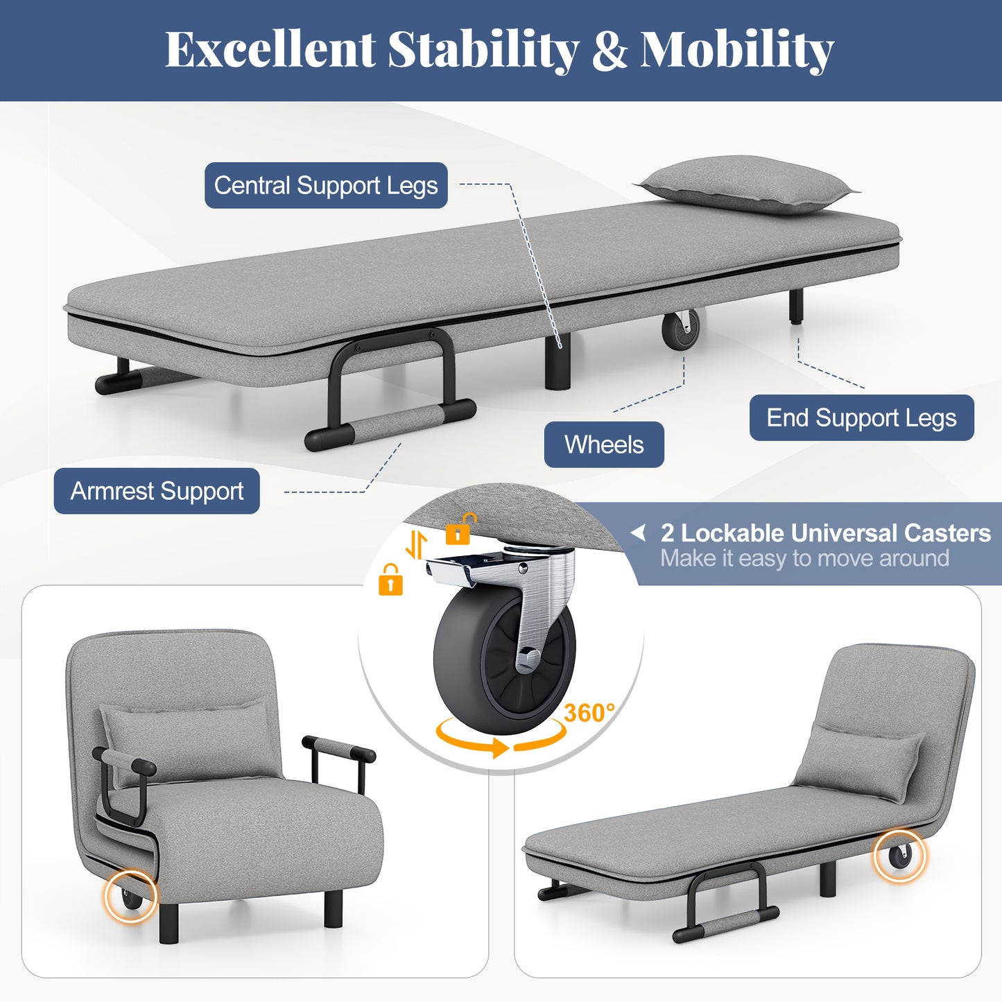 Convertible Sofa Bed with 5-Position Adjustable Backrest