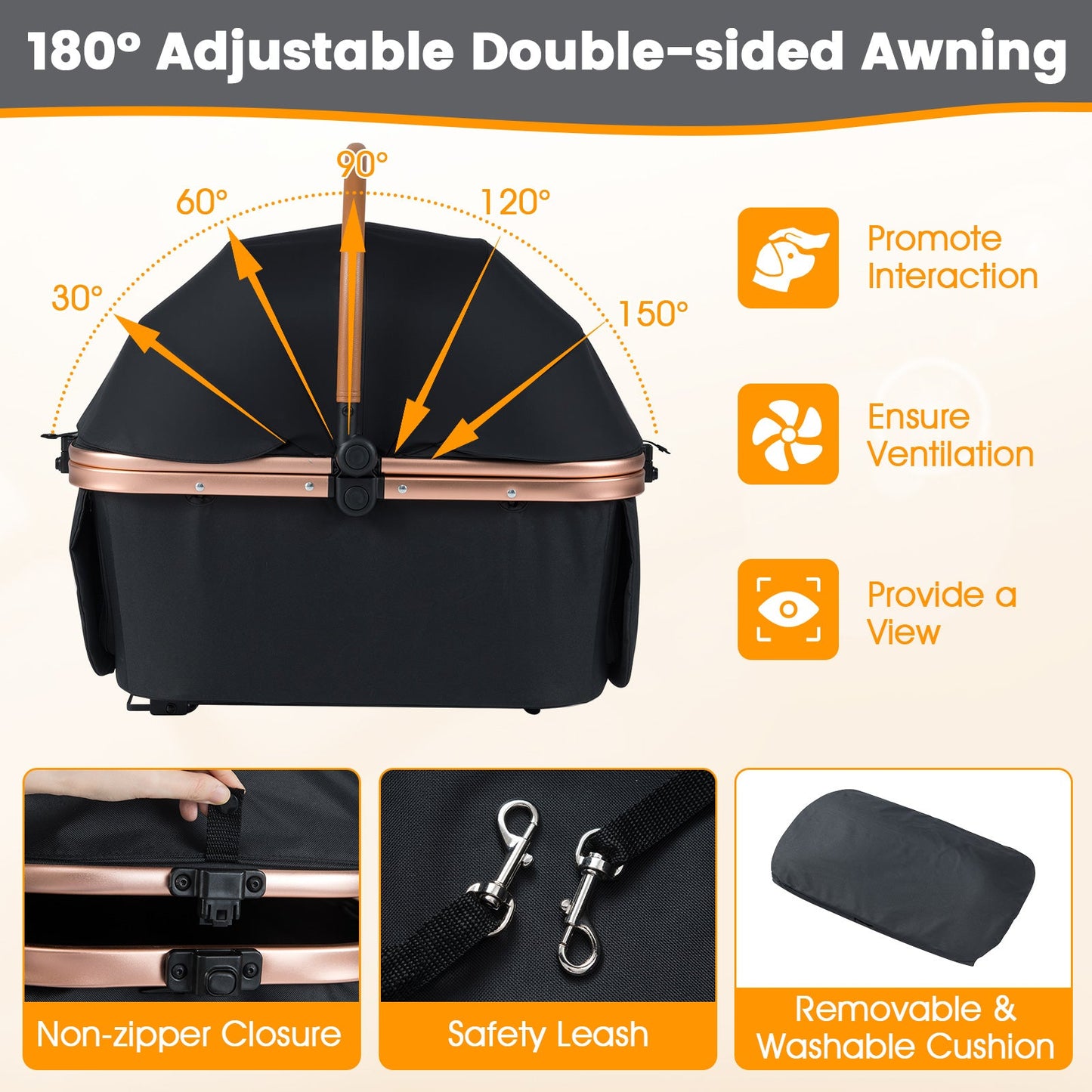 3-in-1 Foldable Pet Stroller with Sun Shade and Safety Belt for up to 55 lbs Small Medium Dogs Cats-Black