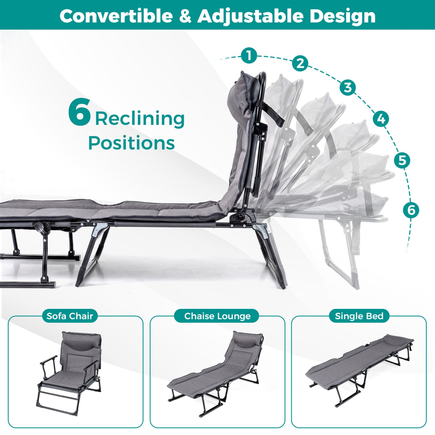 3-in-1 Folding Camping Cot with Adjustable Backrest