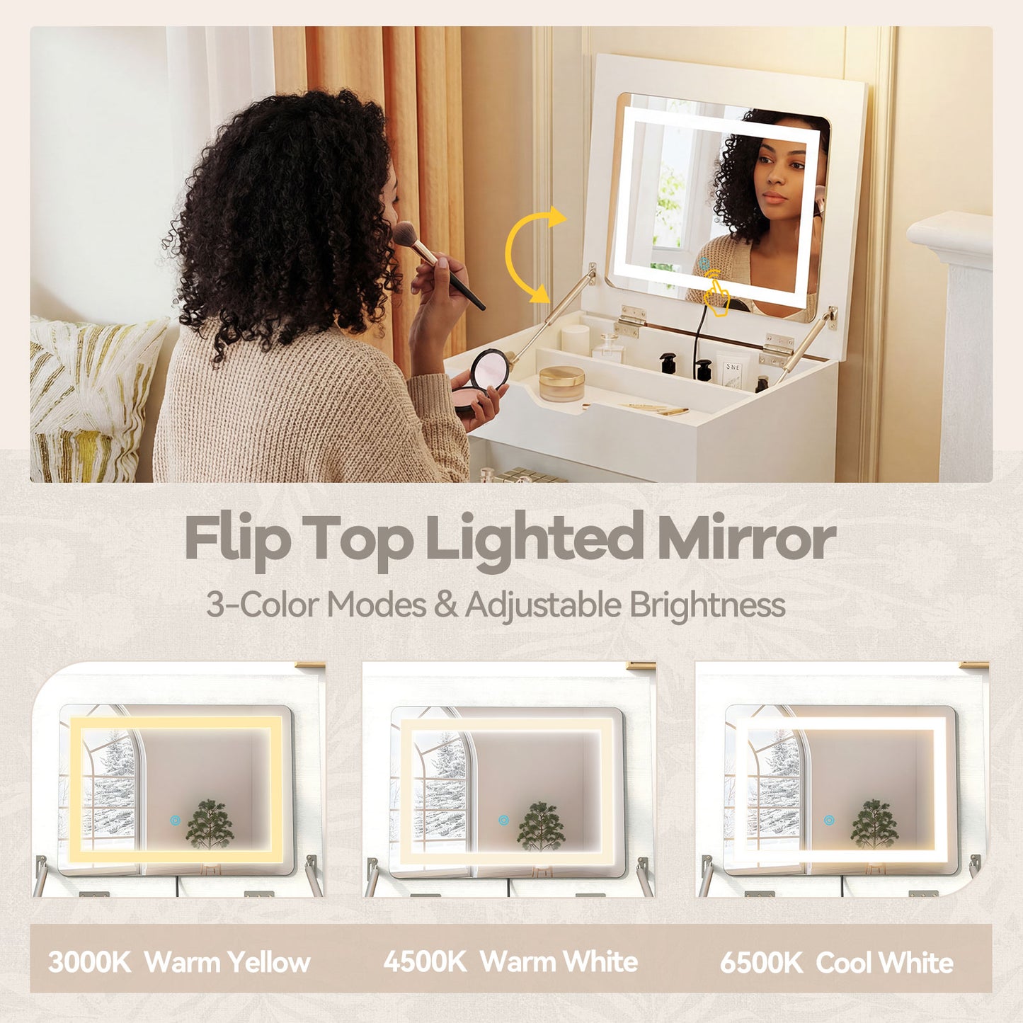 3-in-1 Vanity Desk Set with Lighted Mirror and Stool