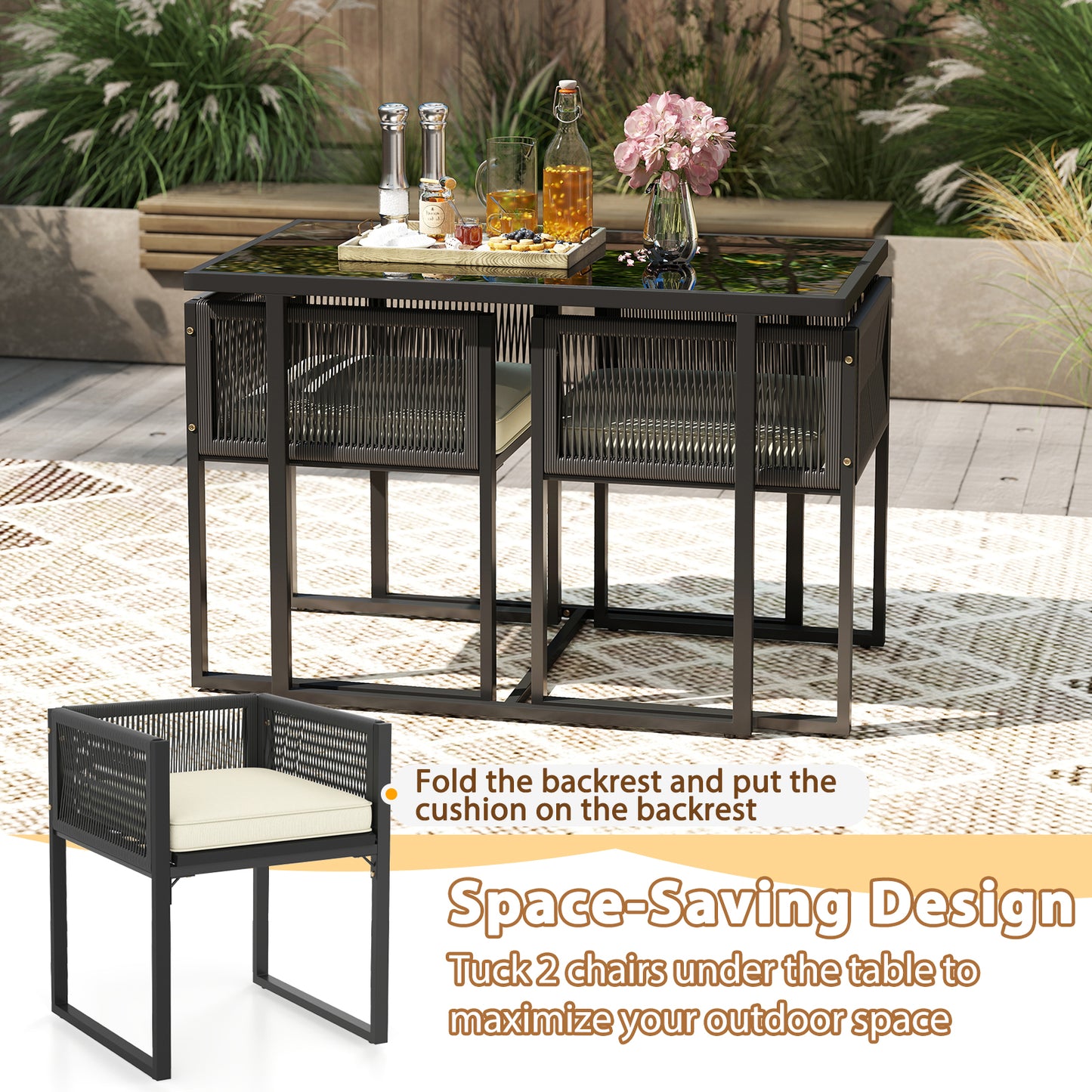 3-Piece Patio Conversation Set with Tempered Glass Table