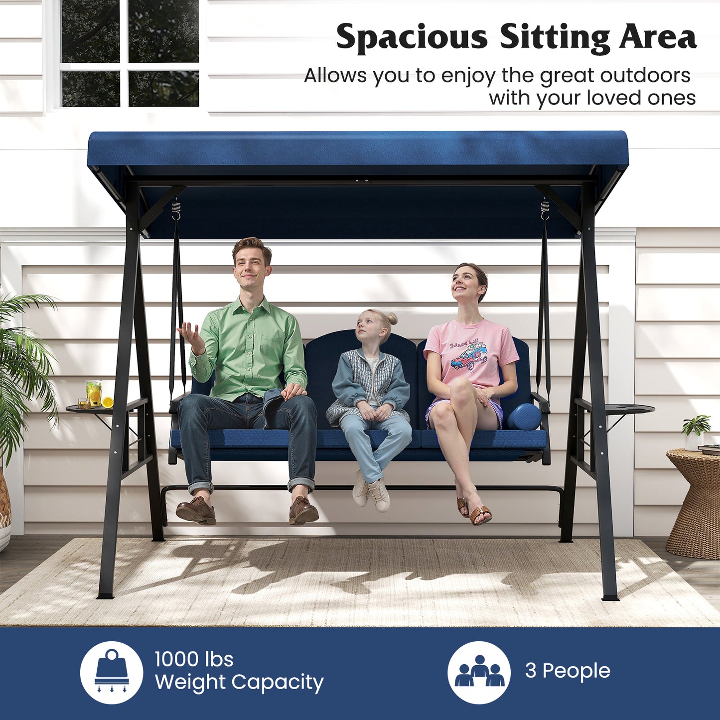 3-Seat Patio Swing Chair with Adjustable Canopy & Cushions
