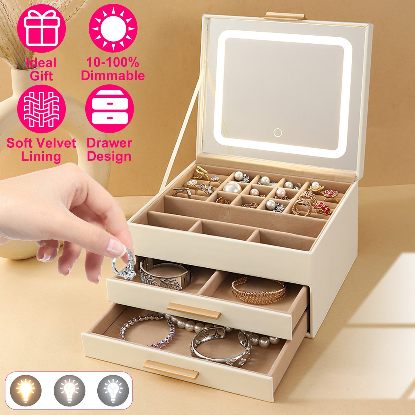 LED Mirror Jewelry Box with 2 Drawers