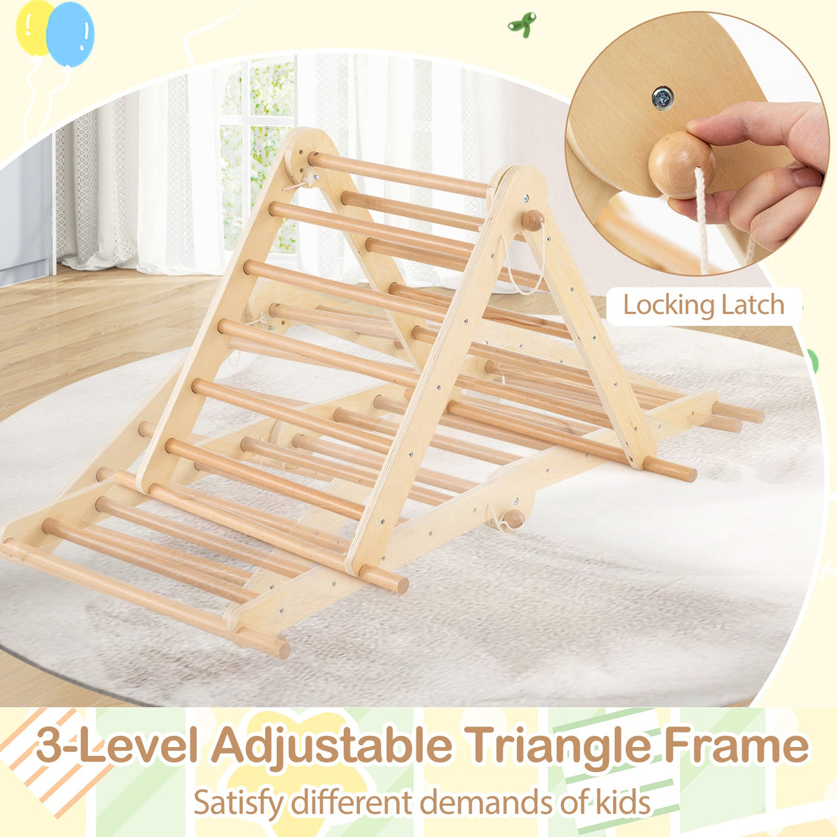 3-in-1 Pikler Triangle Climbing Set Kids Foldable Montessori Toys with Ramp-Natural