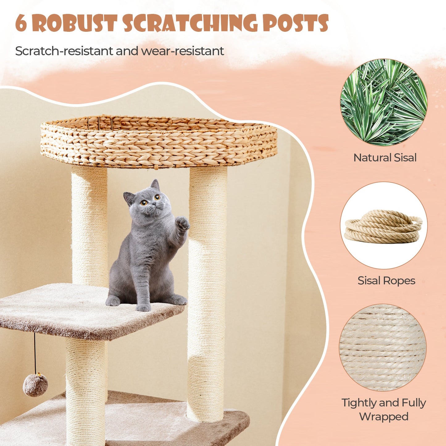 4-Layer Cat Tower with Scratching Posts Condo and Washable Cushions-Coffee