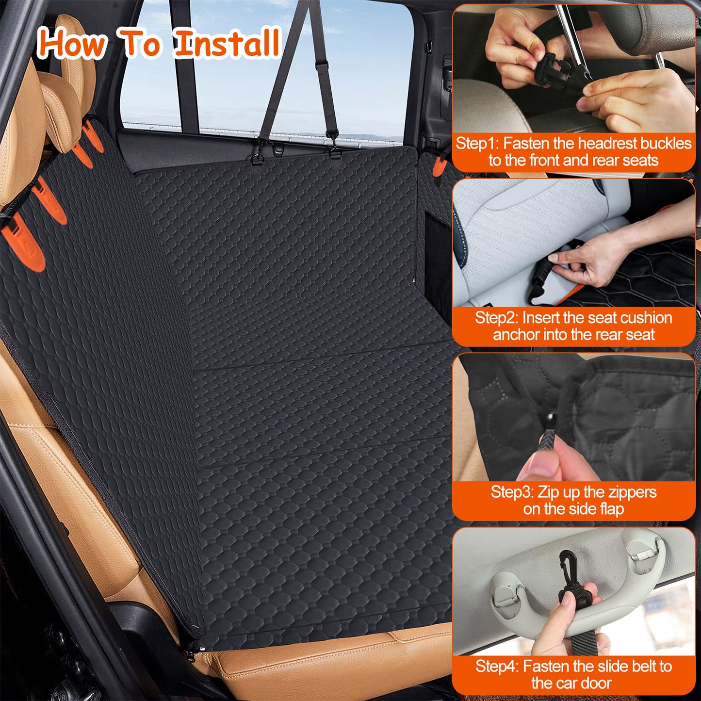Dog Car Back Seat Cover with Mesh Window & Storage Bags