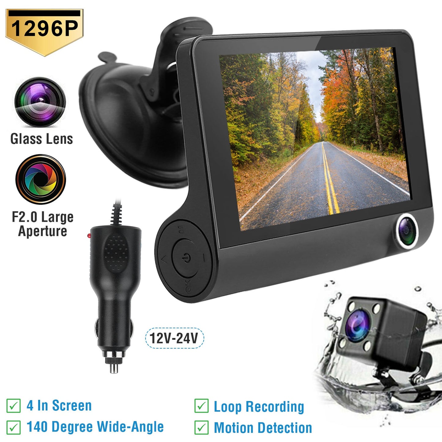 Dash Cam 3-Lens 1296P Front Rear Interior 4" Screen