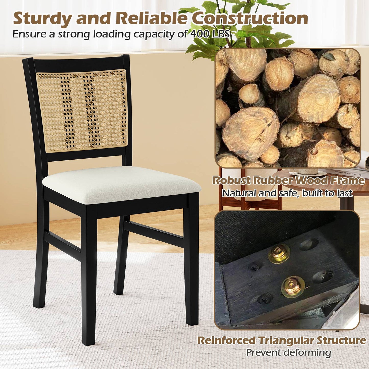 Rattan Dining Chairs Set of 2 with Cushioned Seats