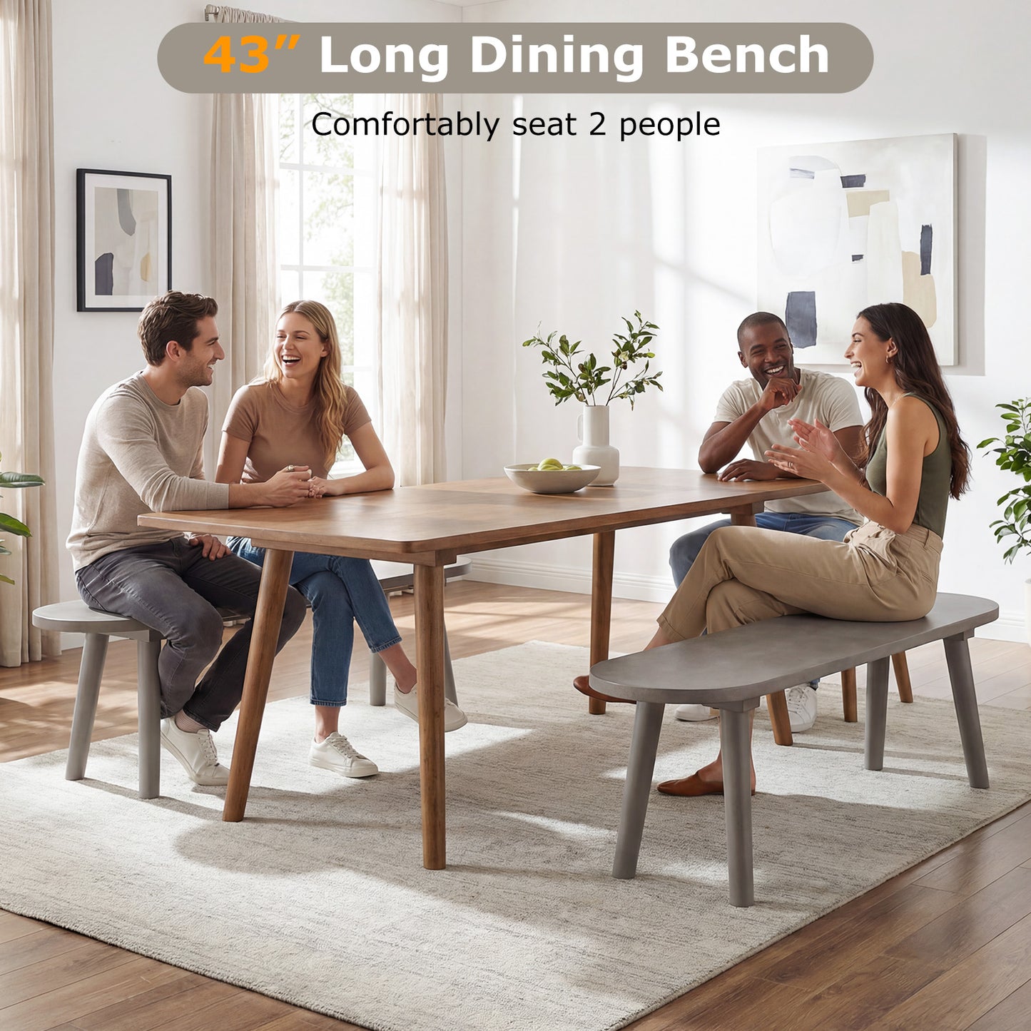 43-Inch Farmhouse Dining Bench with Rubber Wood Legs - Gray