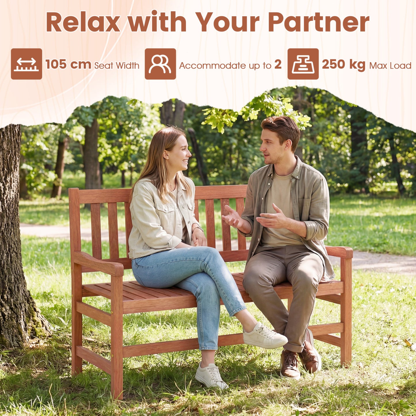 2-Seat Outdoor Loveseat Bench - Solid Wood, 44 Inch