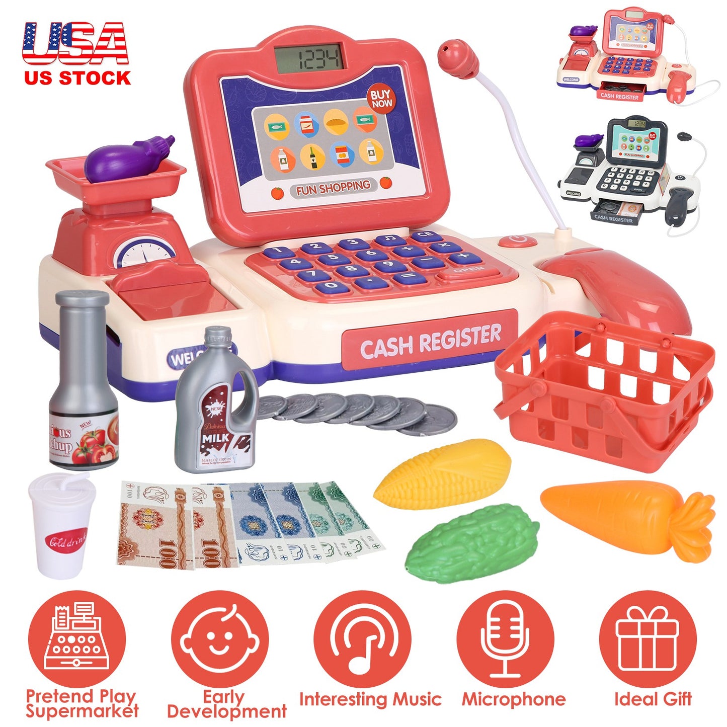 Kids Cash Register Pretend Play Toy with Scanner & Accessories