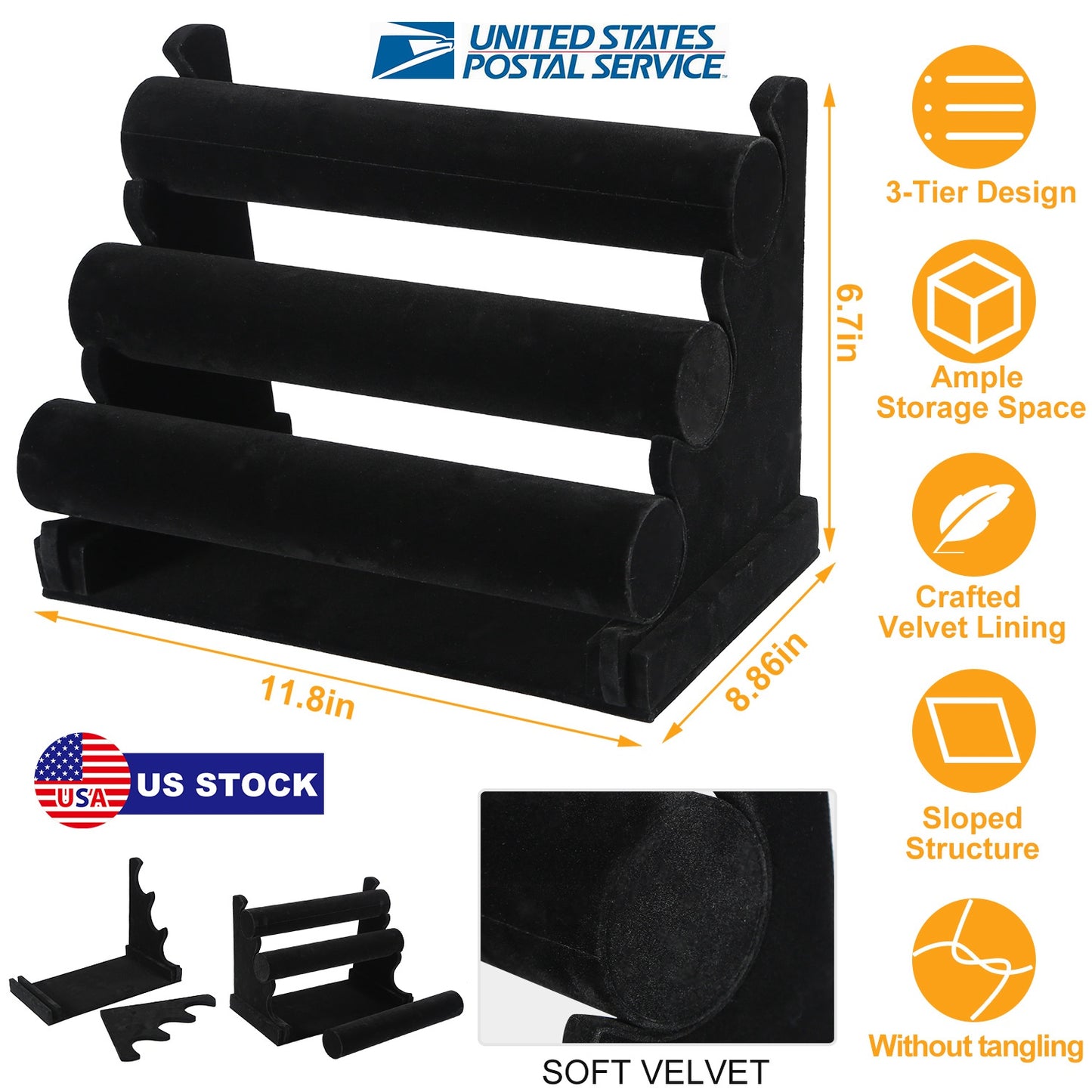 3-Tier Velvet Jewelry Stand Removable Bracelet Holder Watch Jewelry Bangle Display Rack