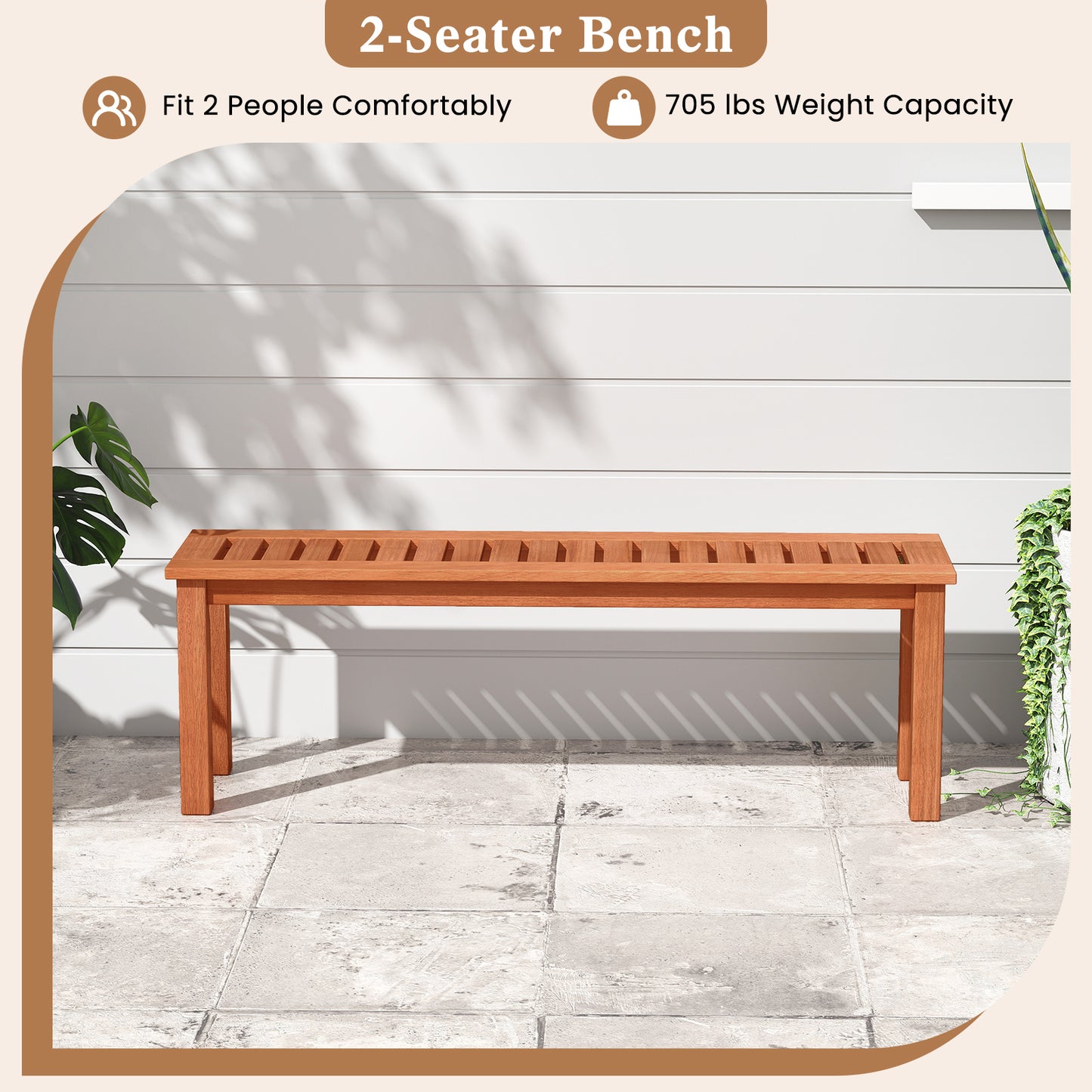 47-Inch Solid Wood Patio Bench for 2 People