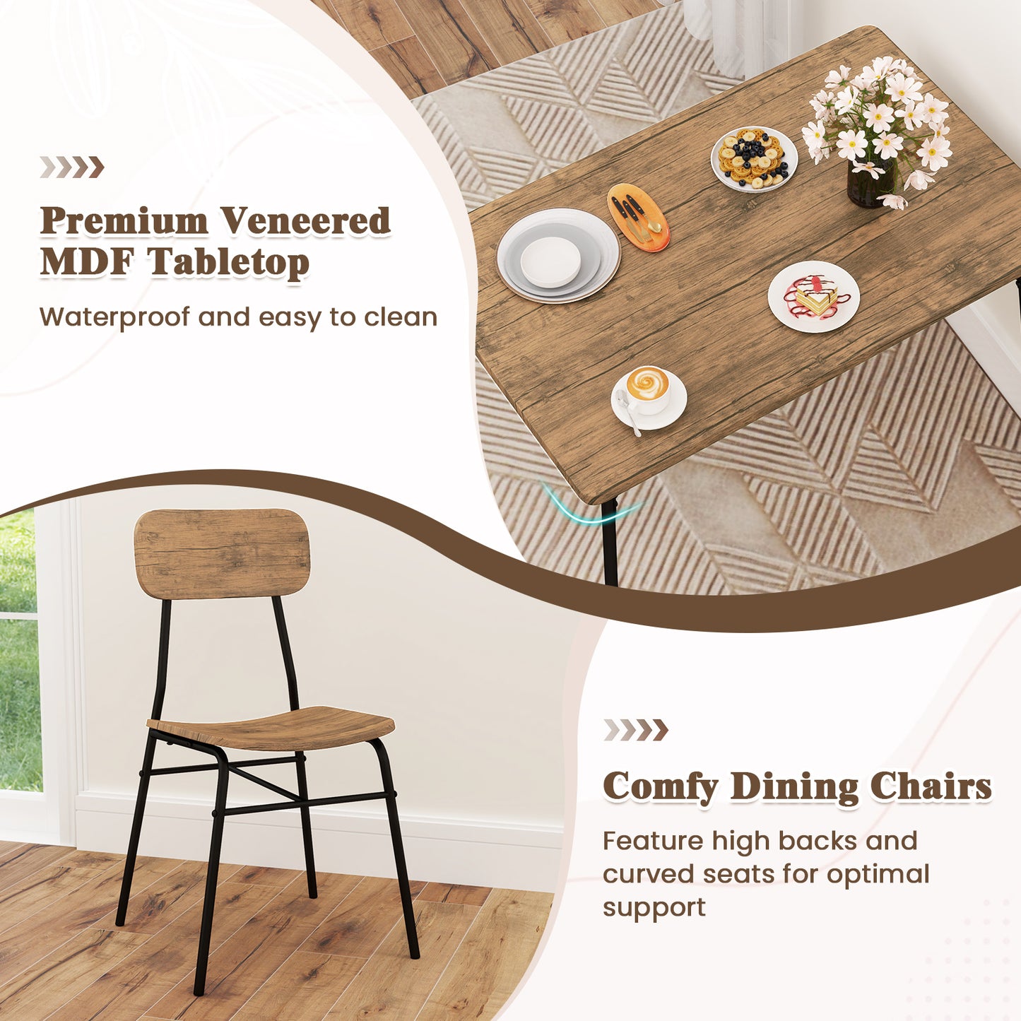 4-Piece Dining Table Set with Bench and 2 Chairs