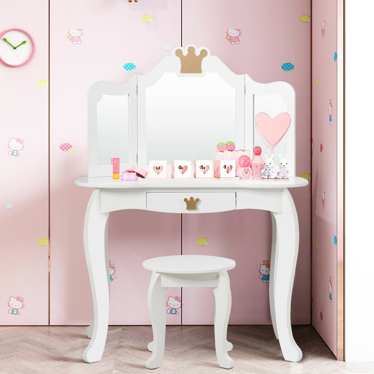 Kids Makeup Vanity Table with Tri-Fold Mirror and Stool