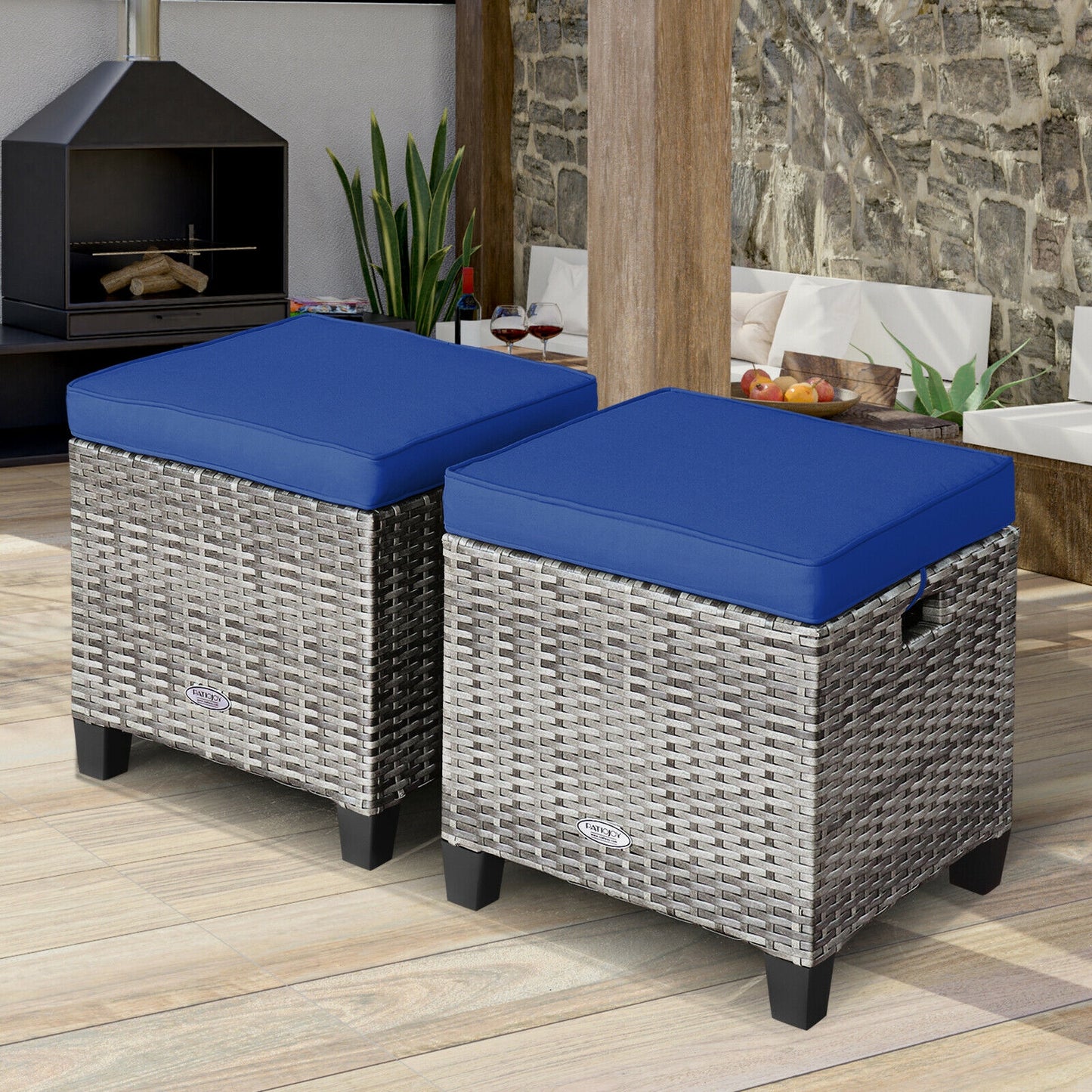 Patio Rattan Ottoman Set with Removable Cushions (2-Piece)