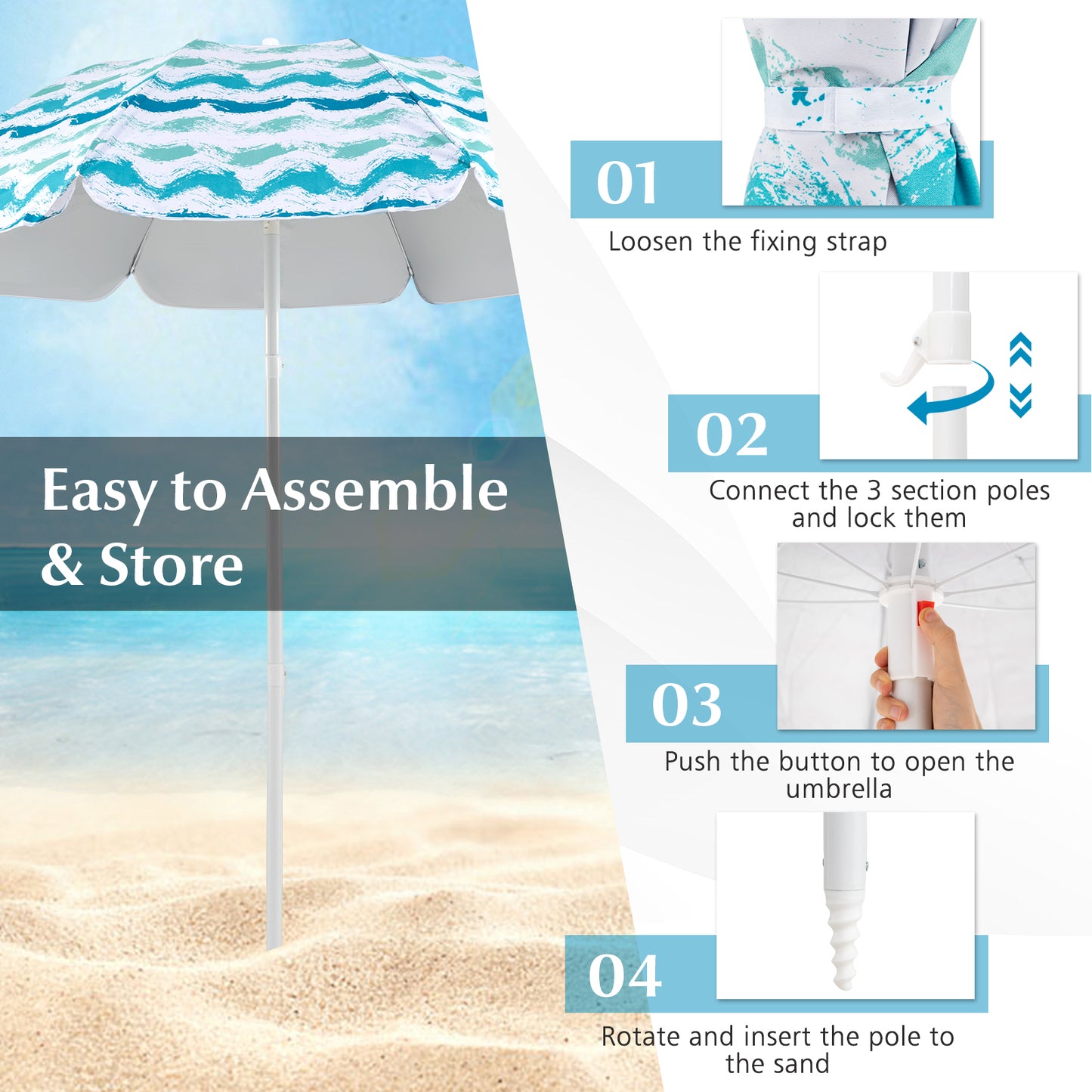 Beach Umbrella Set with 2 Chairs and Picnic Blanket