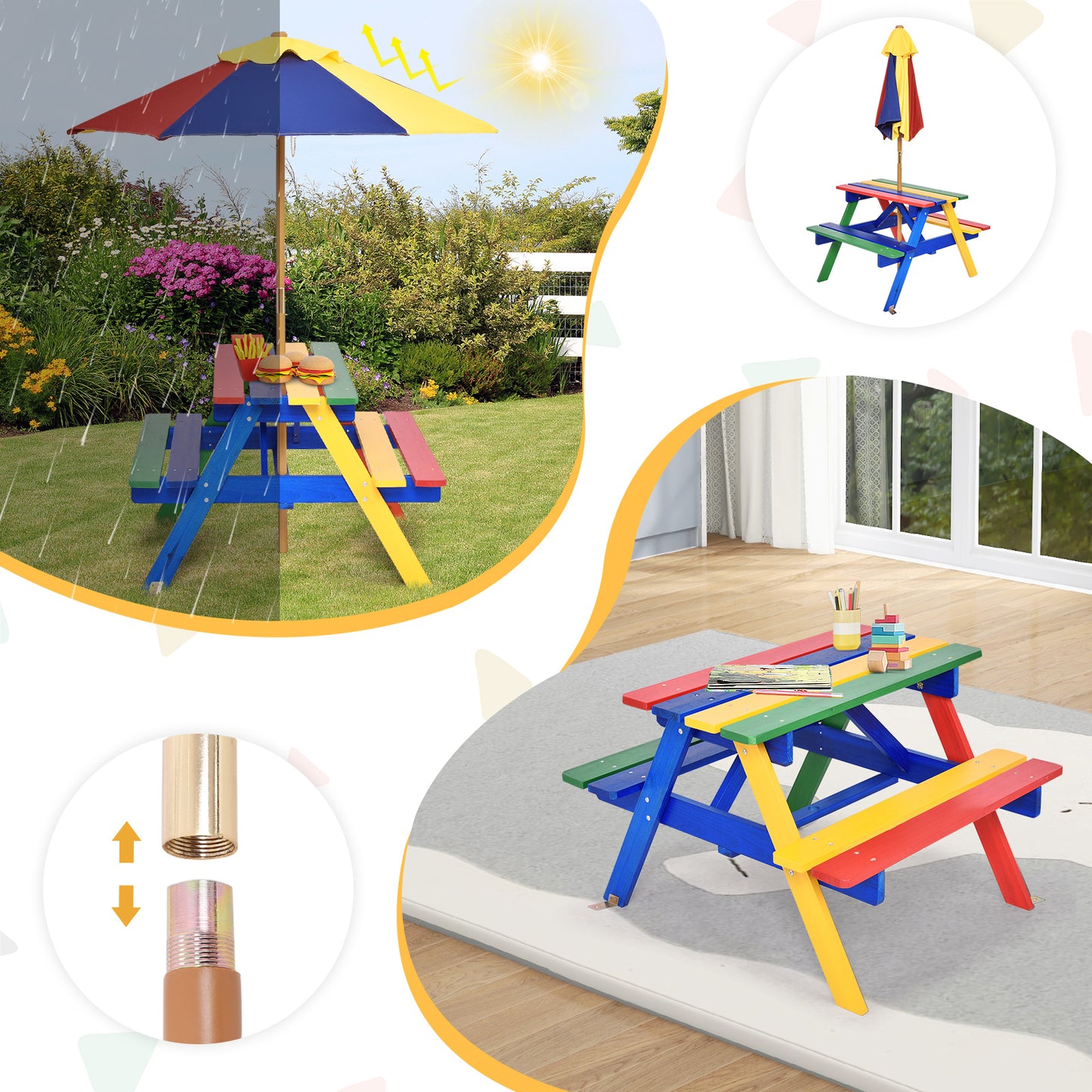 Kids Picnic Table with Umbrella - 4 Seat Outdoor Bench Set