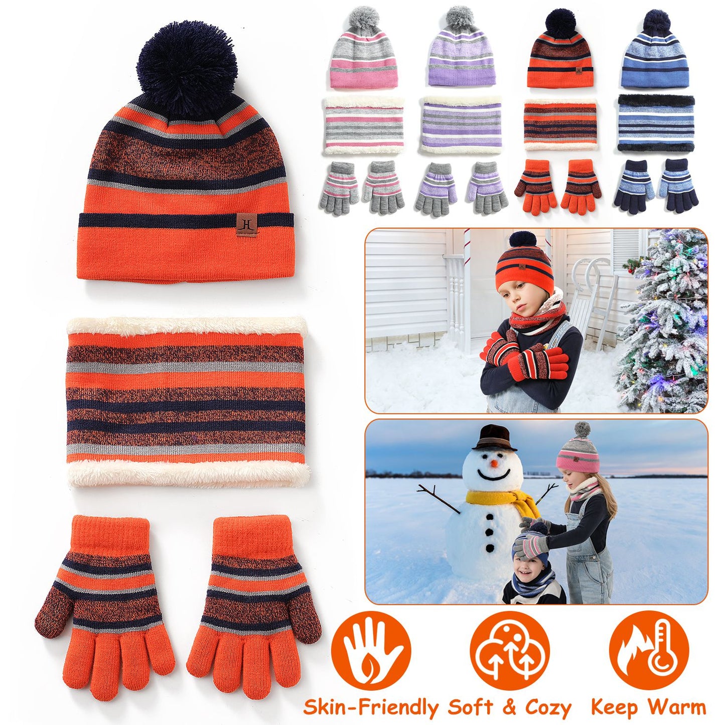 Winter Kids Knitted Hat Scarf Gloves 3Pcs Boys Girls