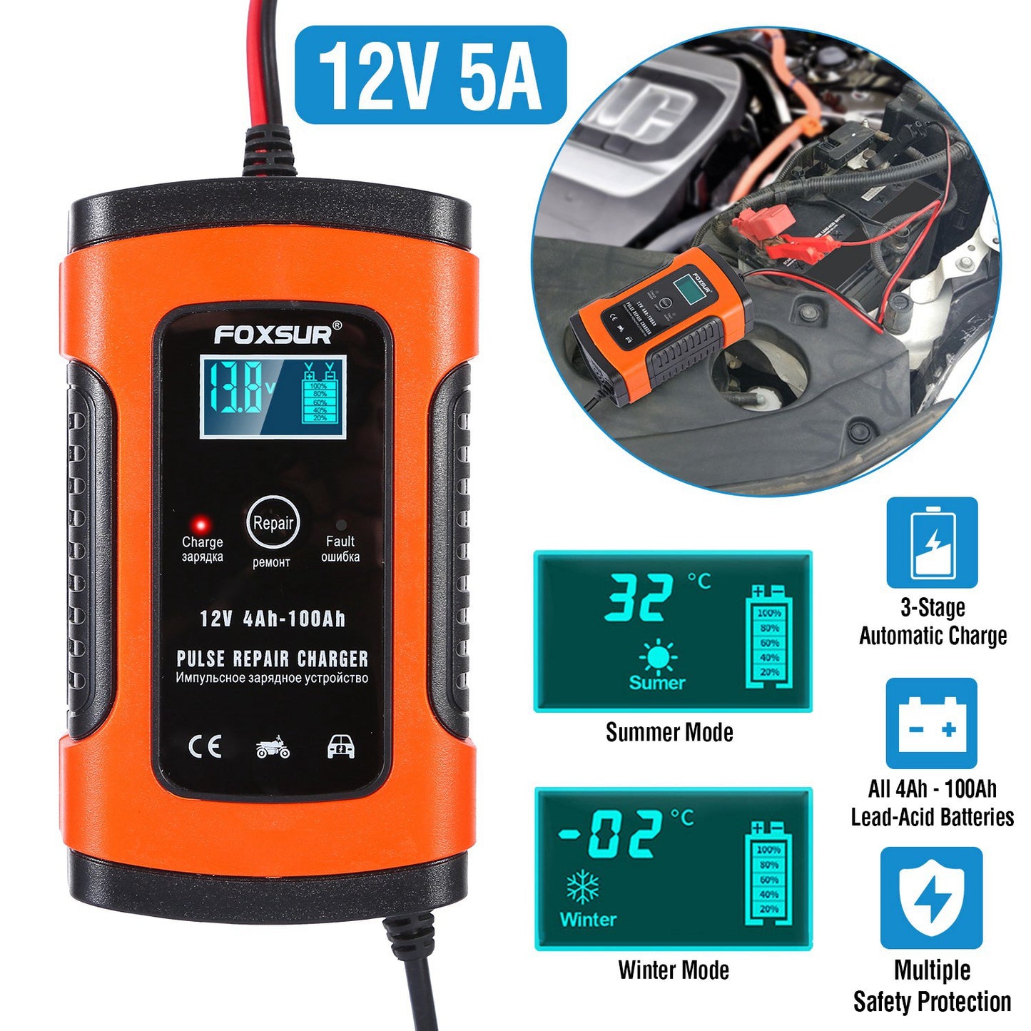 12V 5A Battery Charger with LCD Display and Pulse Repair