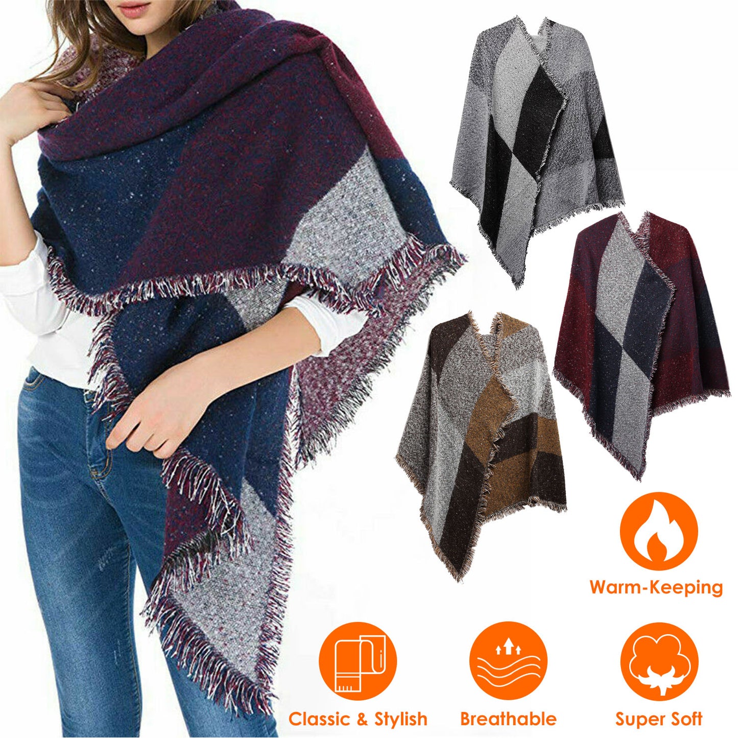 Women Plaid Winter Scarf & Cape