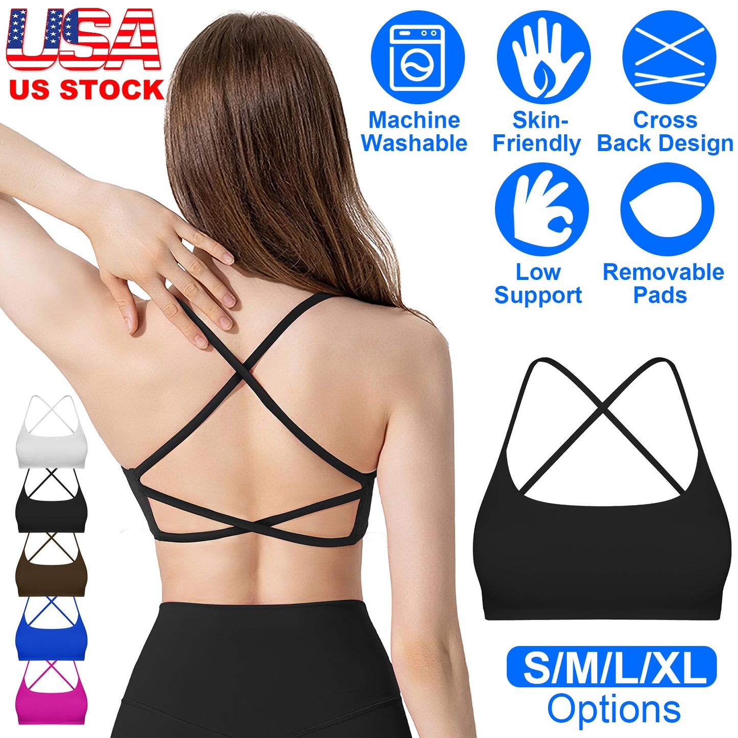 Women Cross Back Sport Bras Padded Strappy Crop Open Back Low Impact Bras Sexy Fitness Tank Tops with Removable Pads Thin Straps for Gym Yoga Workout