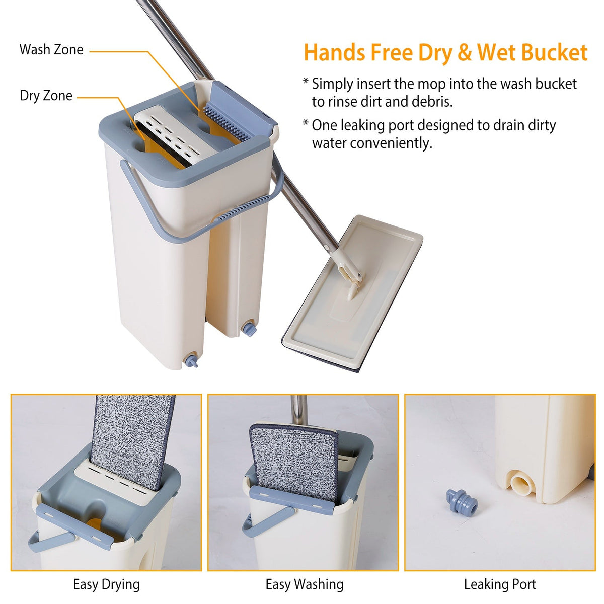 Flat Floor Mop Bucket Set Self Cleaning Wet Dry Usage with 2Pcs Reusable MicrofiberÊMop Pads