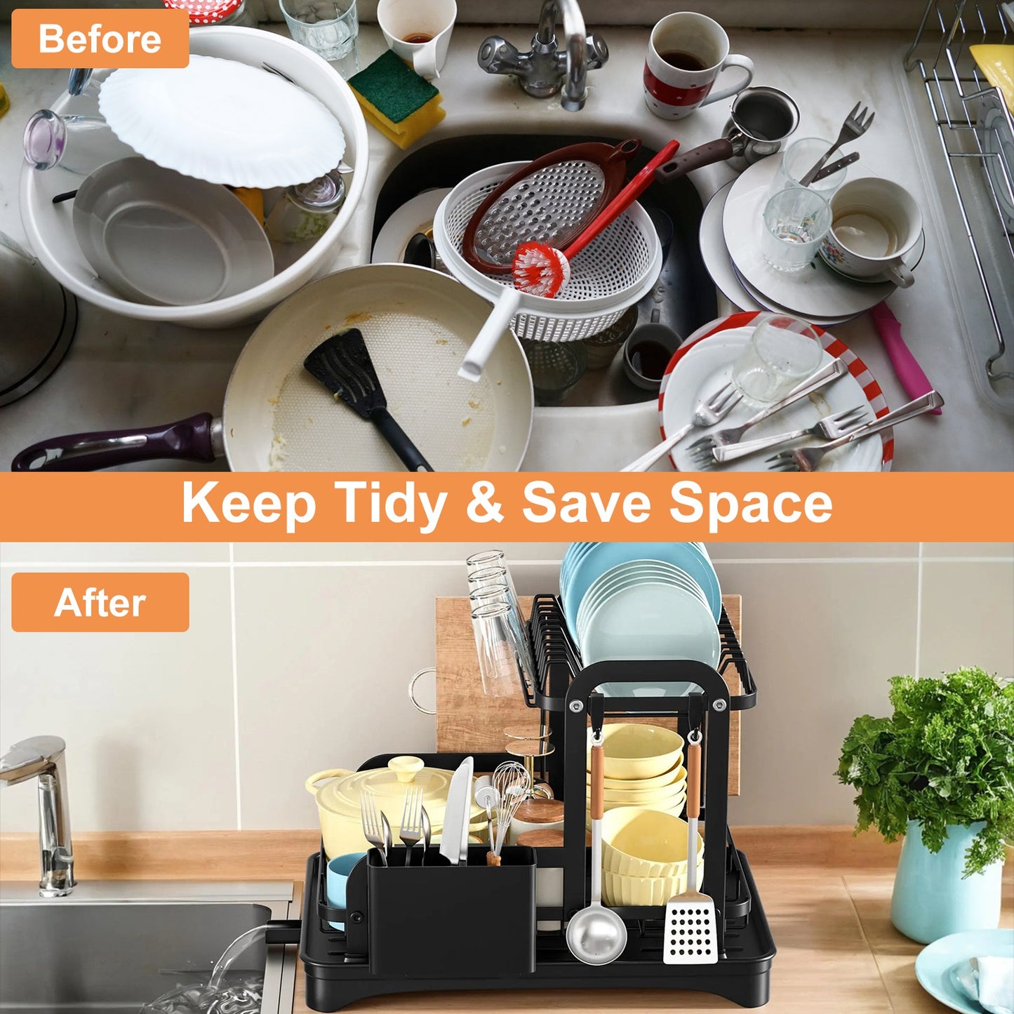 2-Tier Dish Drying Rack with Drainboard and Utensil Holder