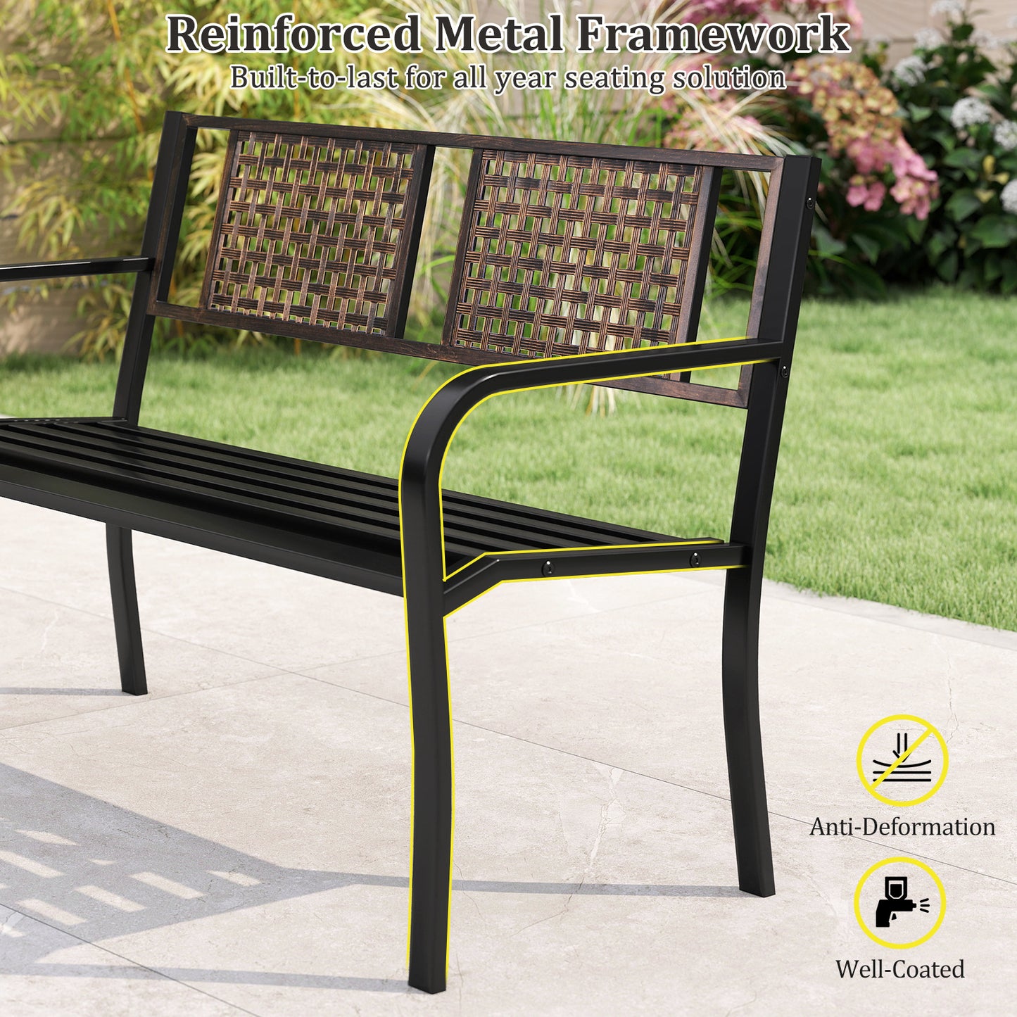 50-Inch Metal Garden Bench with Rattan-Style Backrest