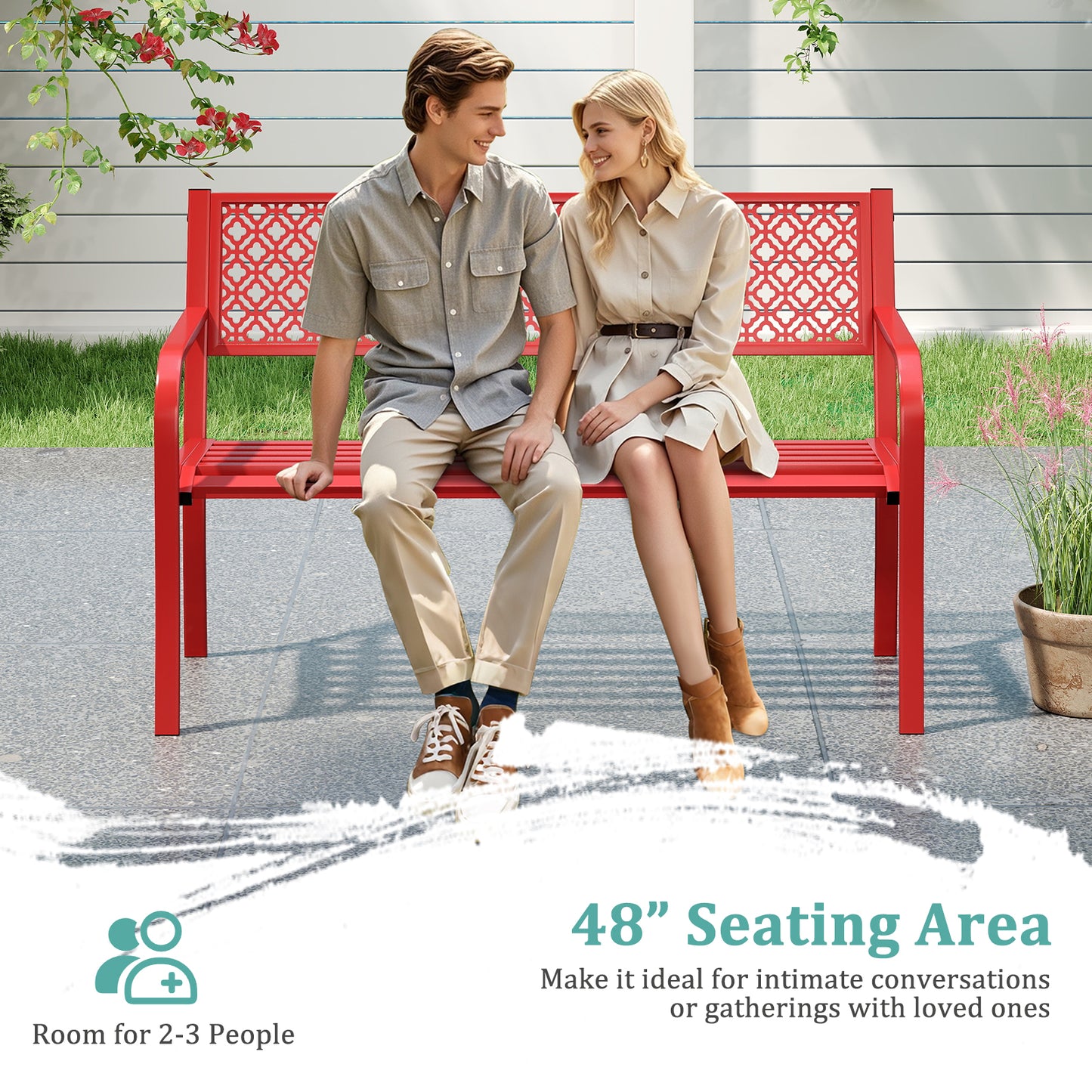 50-Inch Metal Garden Bench with Geometric Lattice Backrest