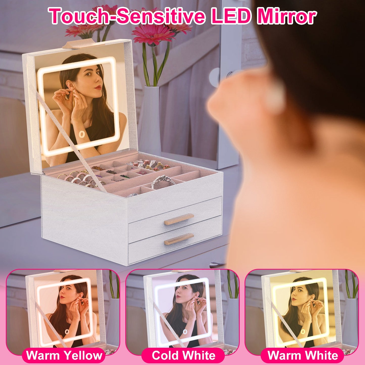 LED Mirror Jewelry Box with 2 Drawers
