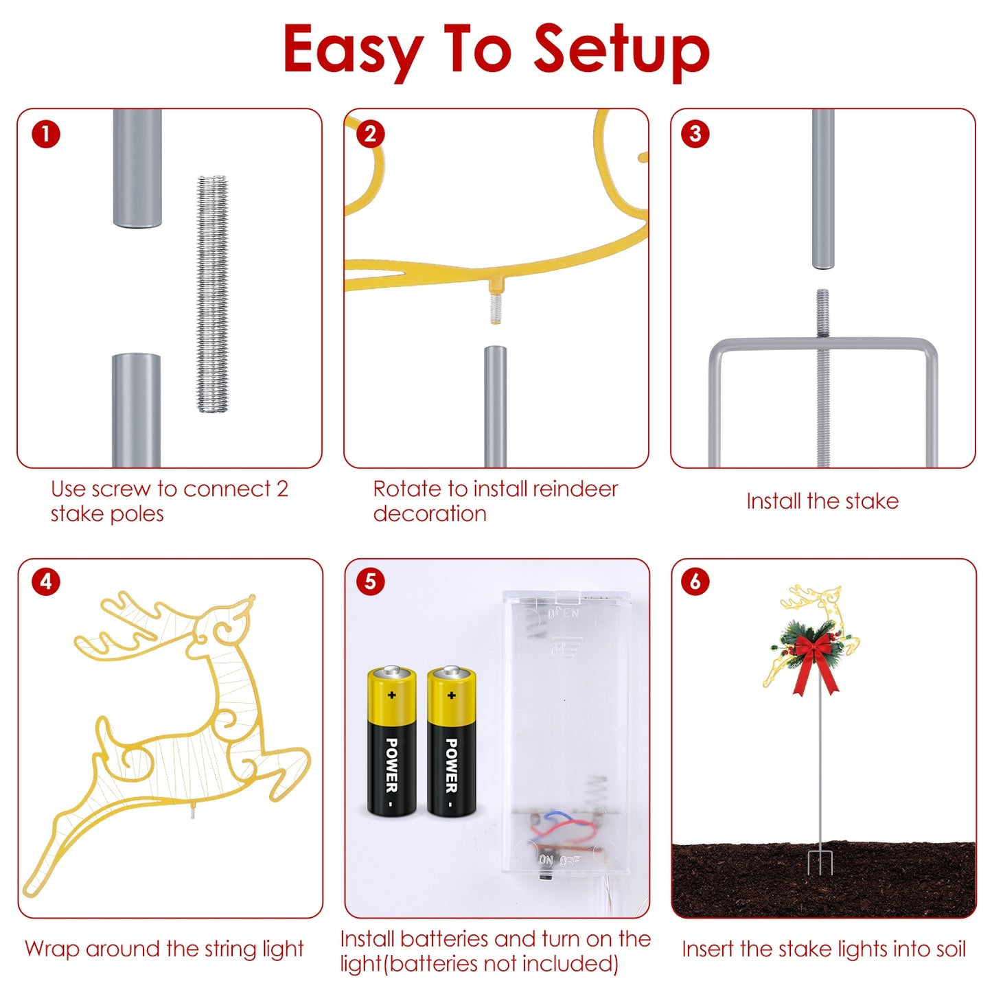Christmas Reindeer Pathway Stake Lights with LED String (2-Pack)