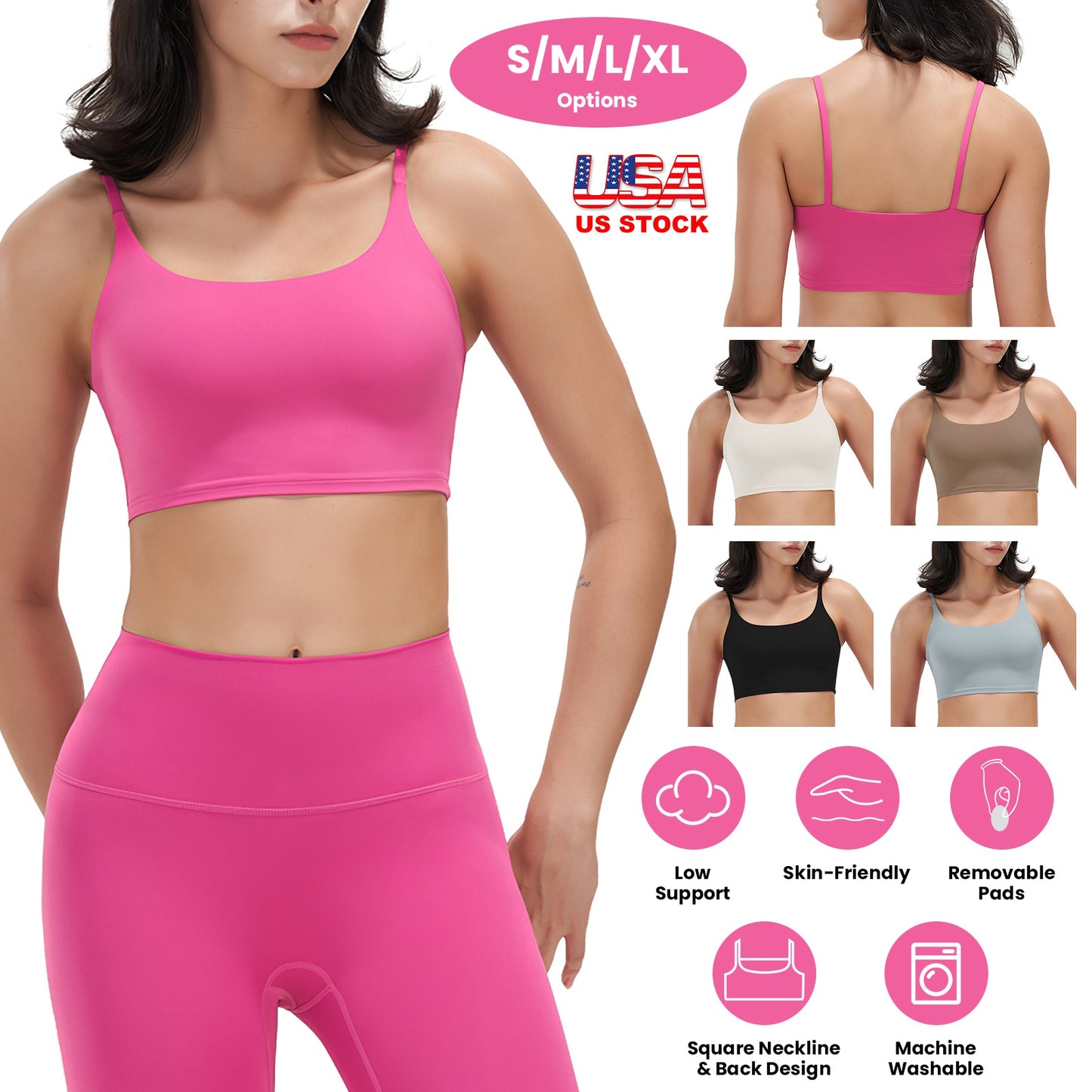 Women Strap Sport Bras Padded Strappy Crop Square Neck Low Impact Bras Sexy Fitness Tank Tops with Removable Pads Flat Straps for Gym Yoga Workout Run