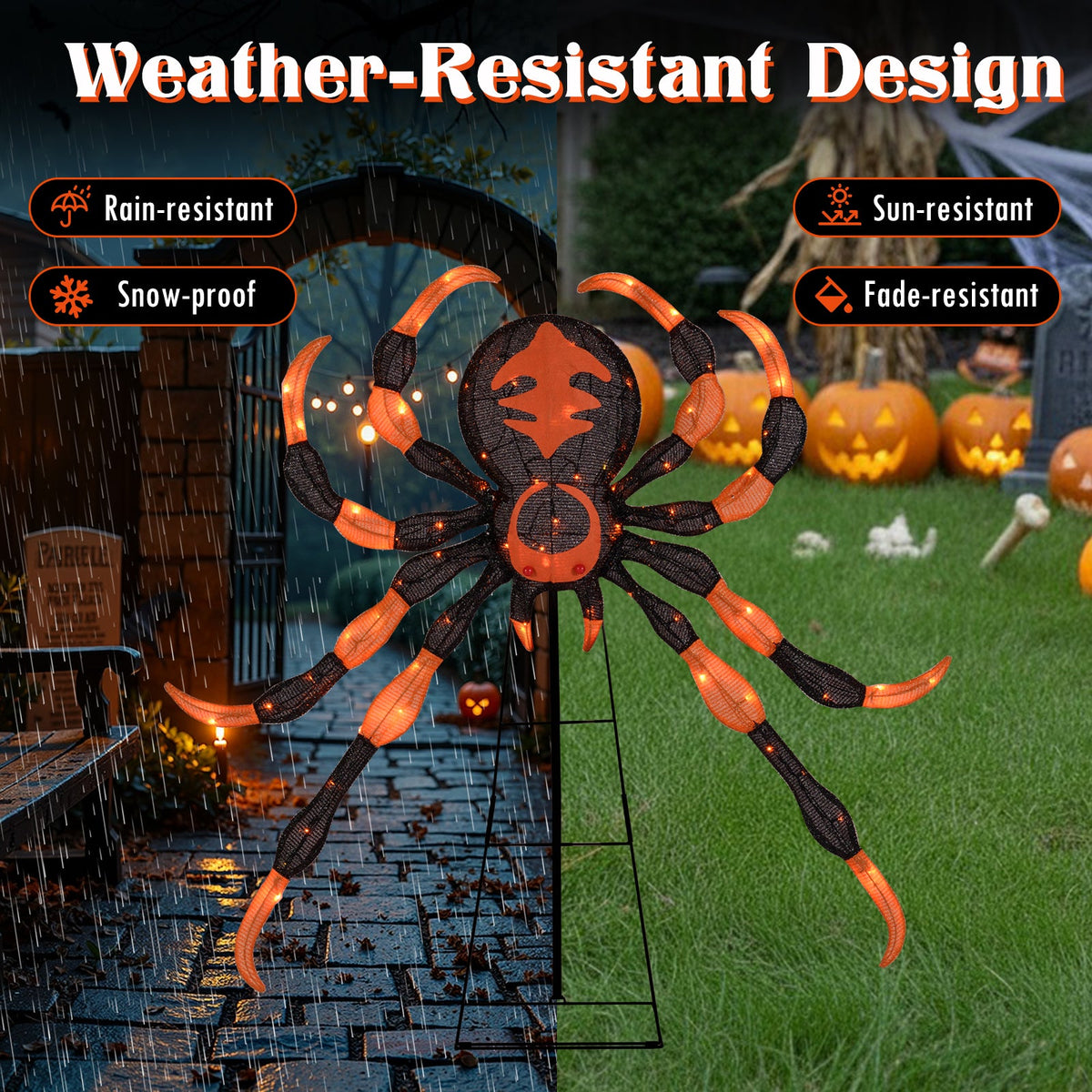 52 Inch Halloween Spider Decoration with 16 Flickering Warm White LEDs