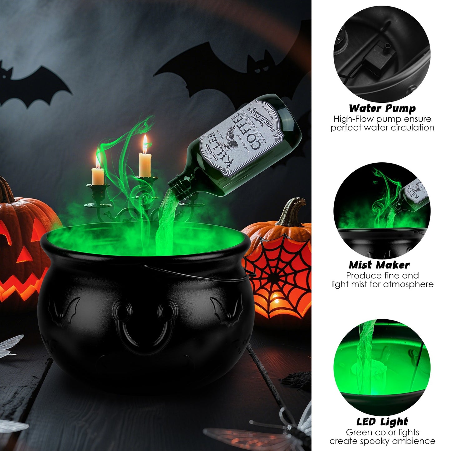 Floating Bottle Witch Cauldron with Mist Maker & Green Light