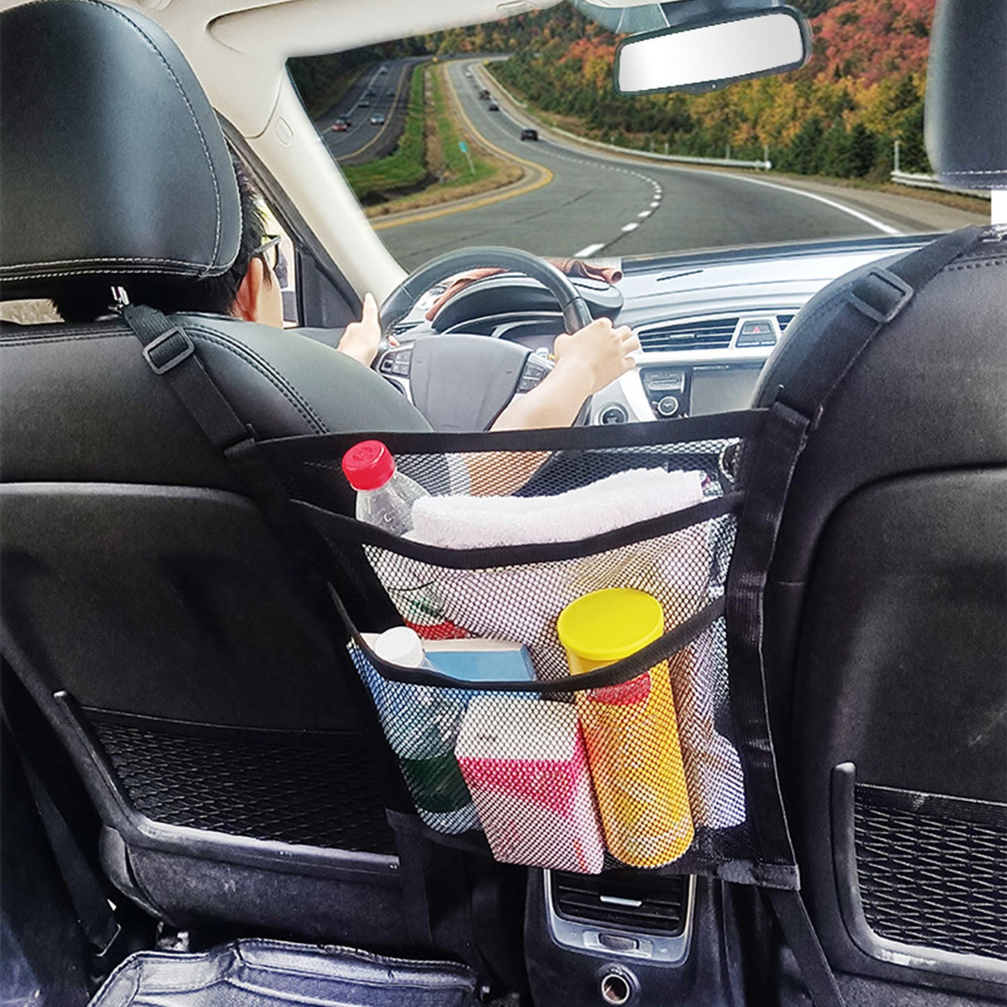 Car Mesh Organizer 3-Layer Seat Back Storage Net with Pet Barrier