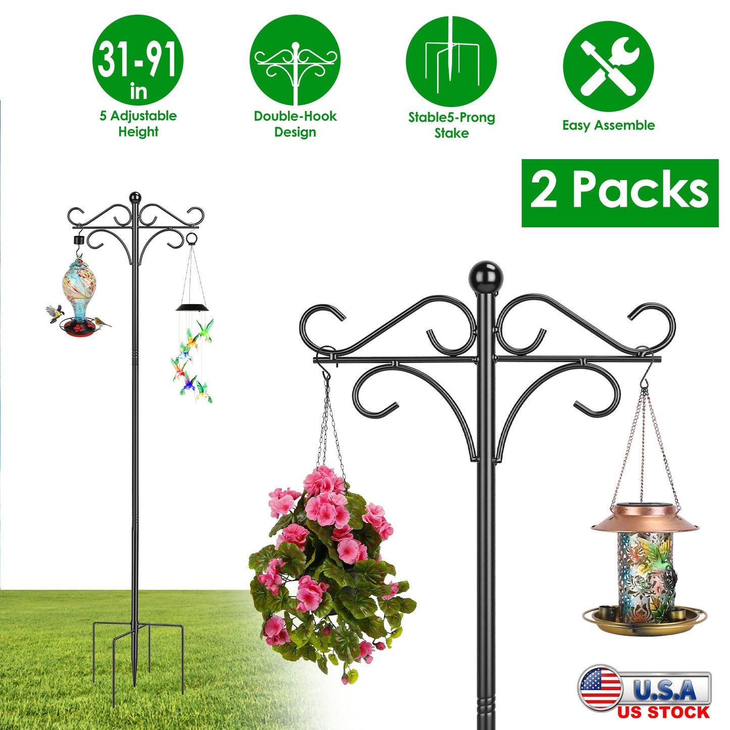 Double Shepherd Hook 76in Adjustable Garden Pole with 5-Prong Base
