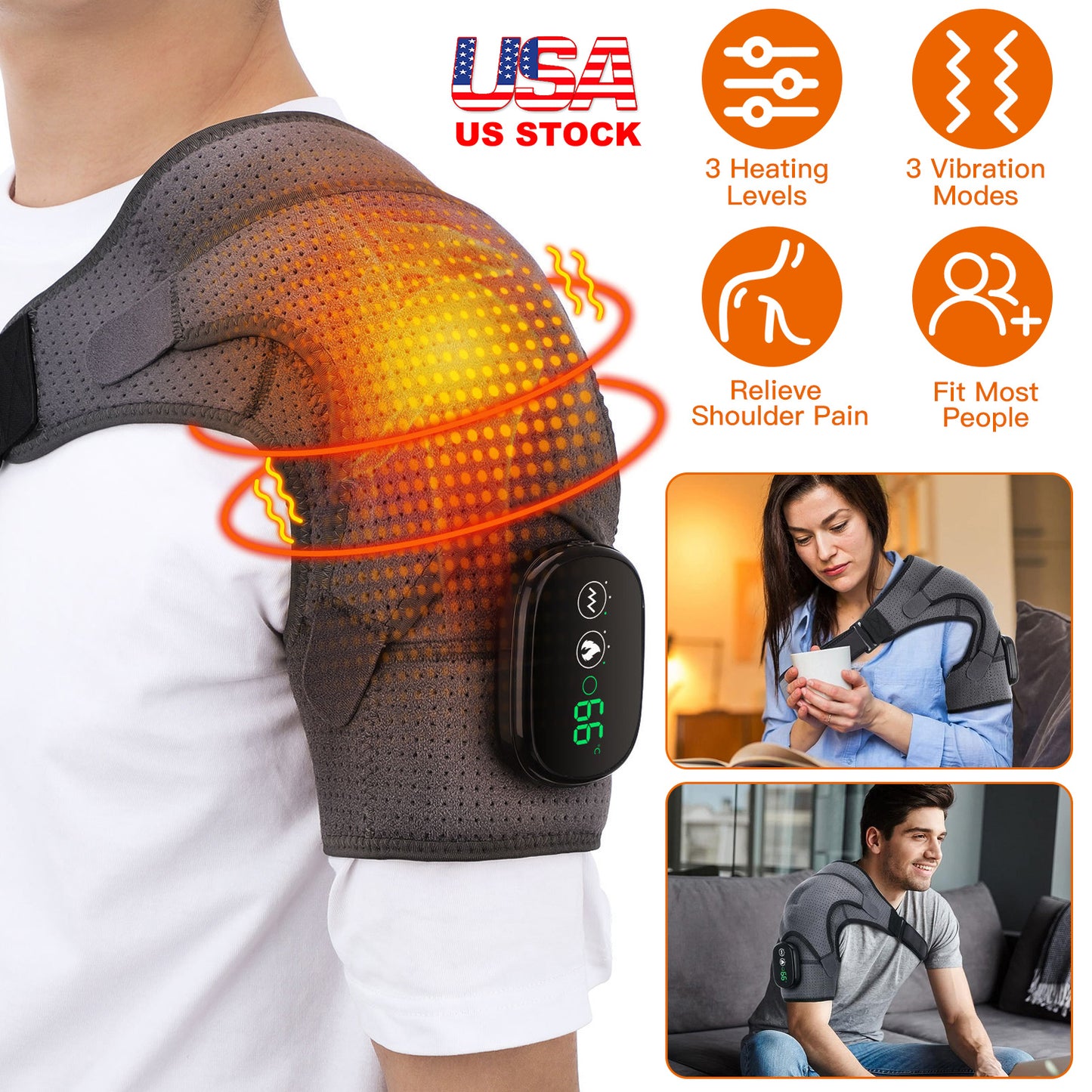 Cordless Shoulder Heating Pad Rechargeable Heated Shoulder Wrap Massager Shoulder Brace Supports with 3 Heating Levels 3 Vibration Modes for Left Righ