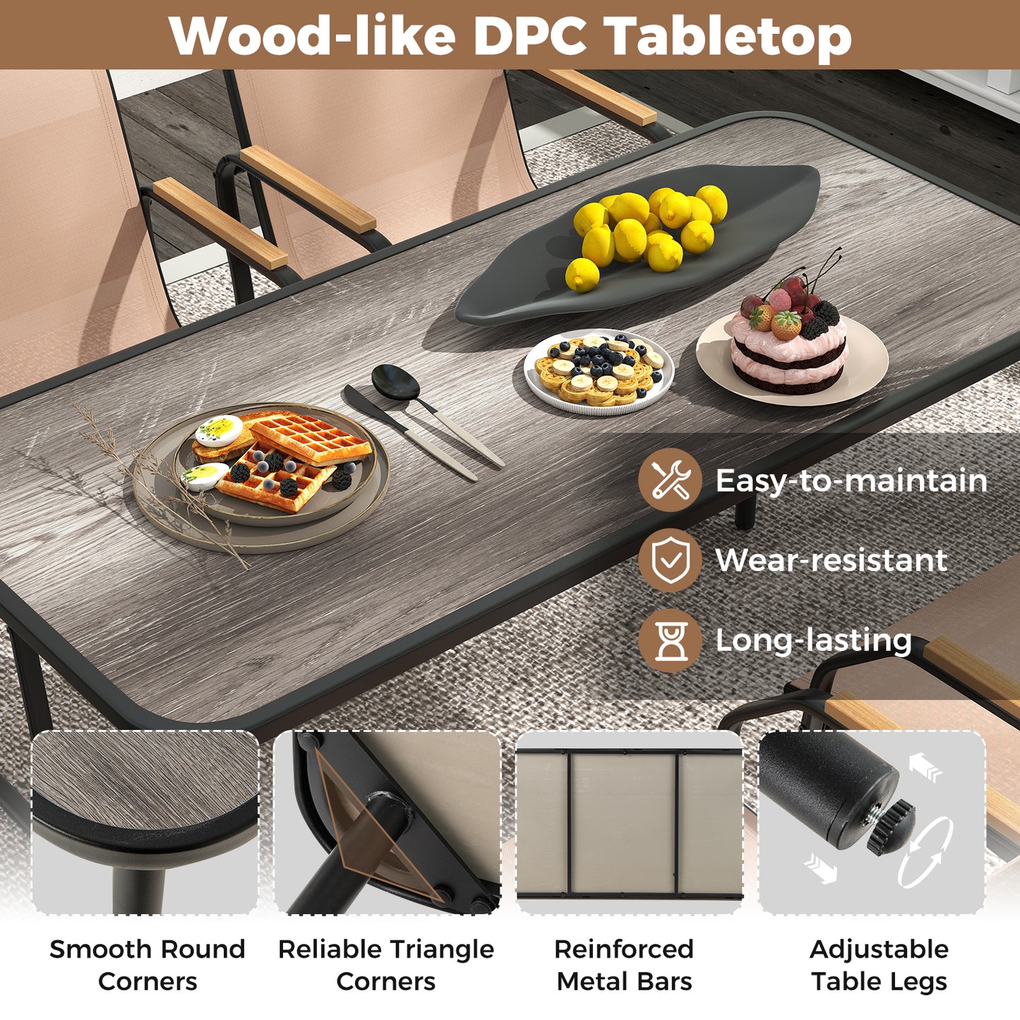 5-Piece Patio Dining Set with Rectangular Table & Fabric Chairs