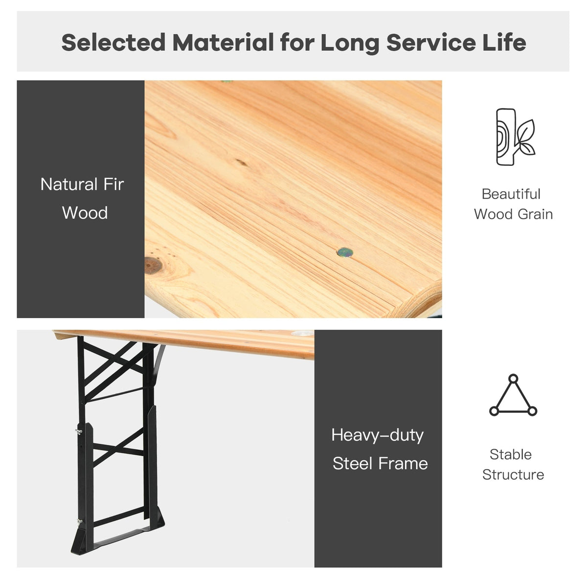 66.5 Inch Outdoor Wood Folding Picnic Table with Adjustable Heights